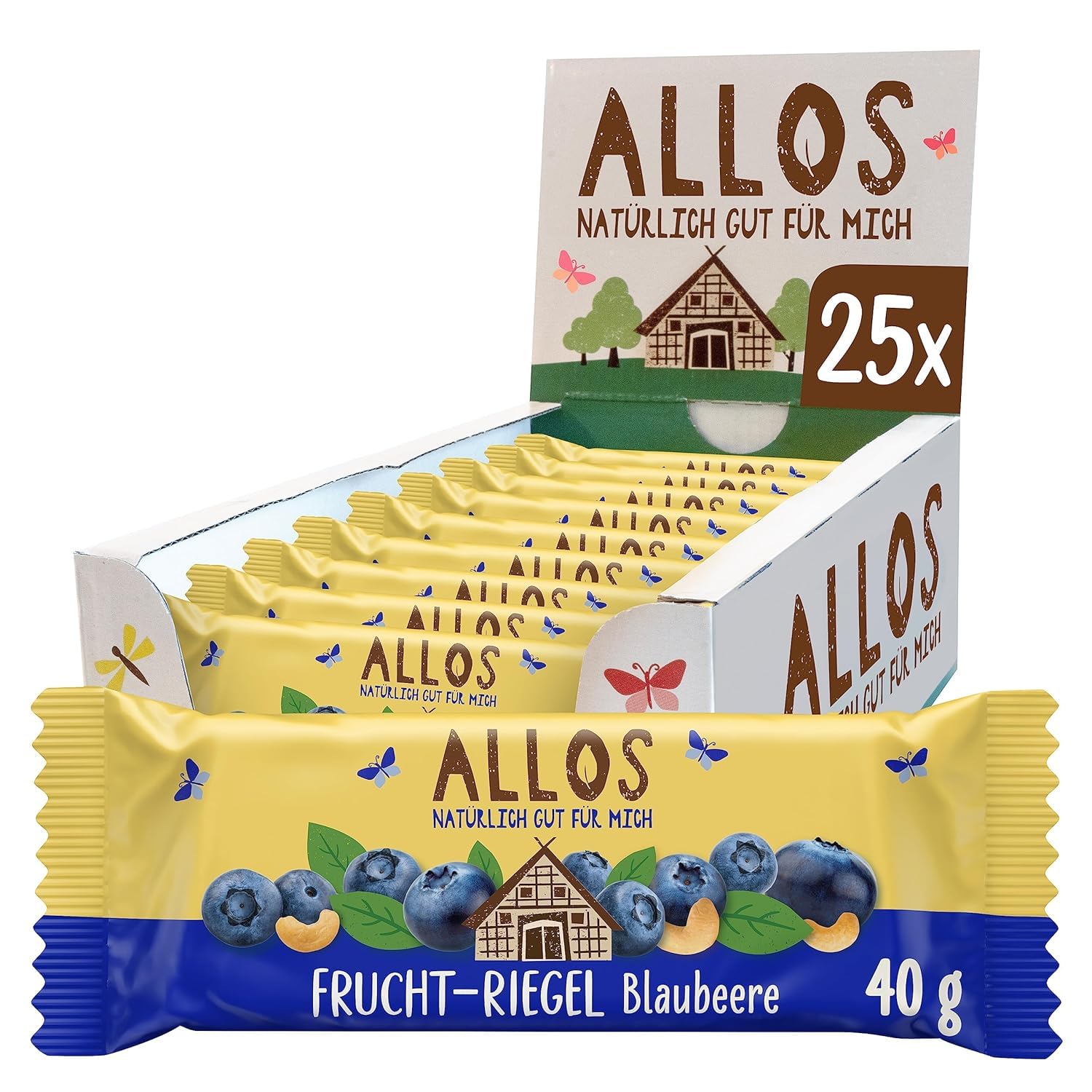 Allos Fruchtriegel Blaubeere | Bio Energieriegel | 25 x 40g | Mit Datteln & Cashews | vegan & glutenfrei | Snack für Schule, Pause & Sport
