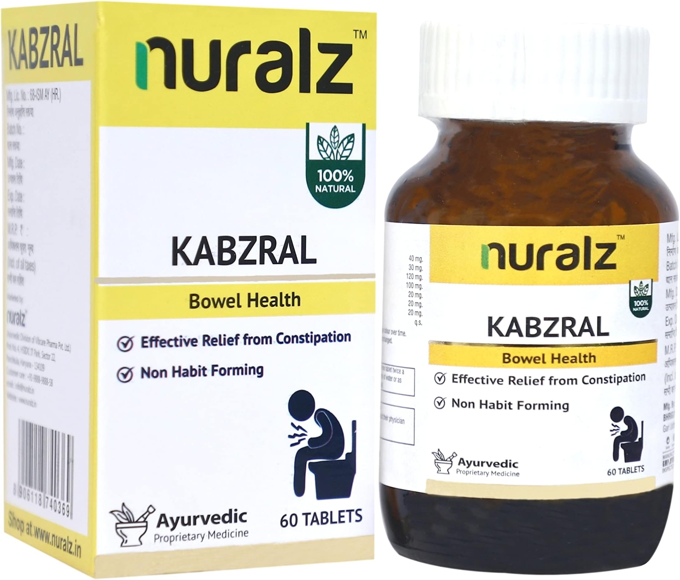 Kabzral Tablets - Effective Relief from Constipation, For a Healthy Digestive System, Non-Habit Forming (180 Tablets) (3 X 60 Tablets)