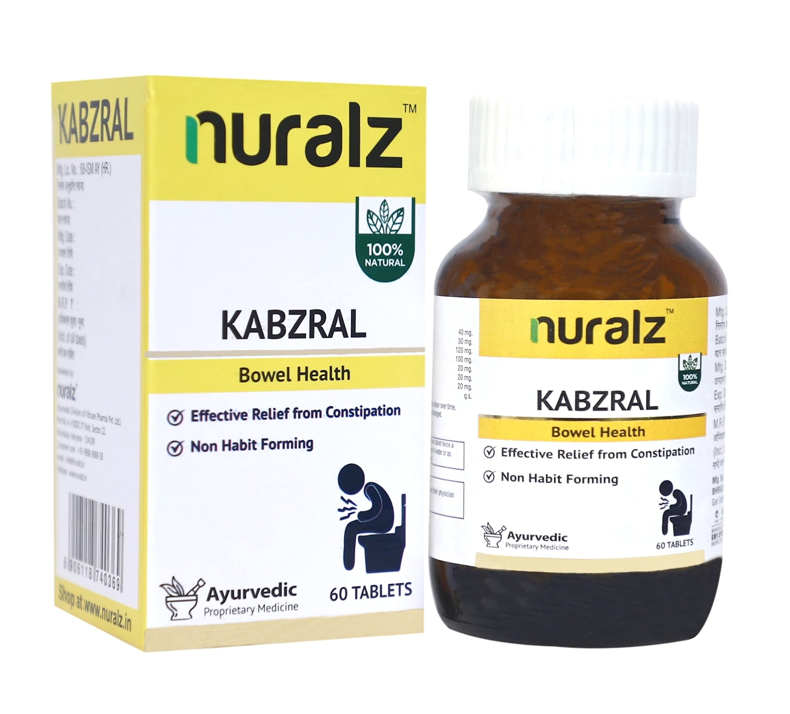 Nuralz Kabzral Tablets - Effective Relief from Constipation, For a Healthy Digestive System, Non-Habit Forming (180 Tablets) (3 X 60 Tablets)