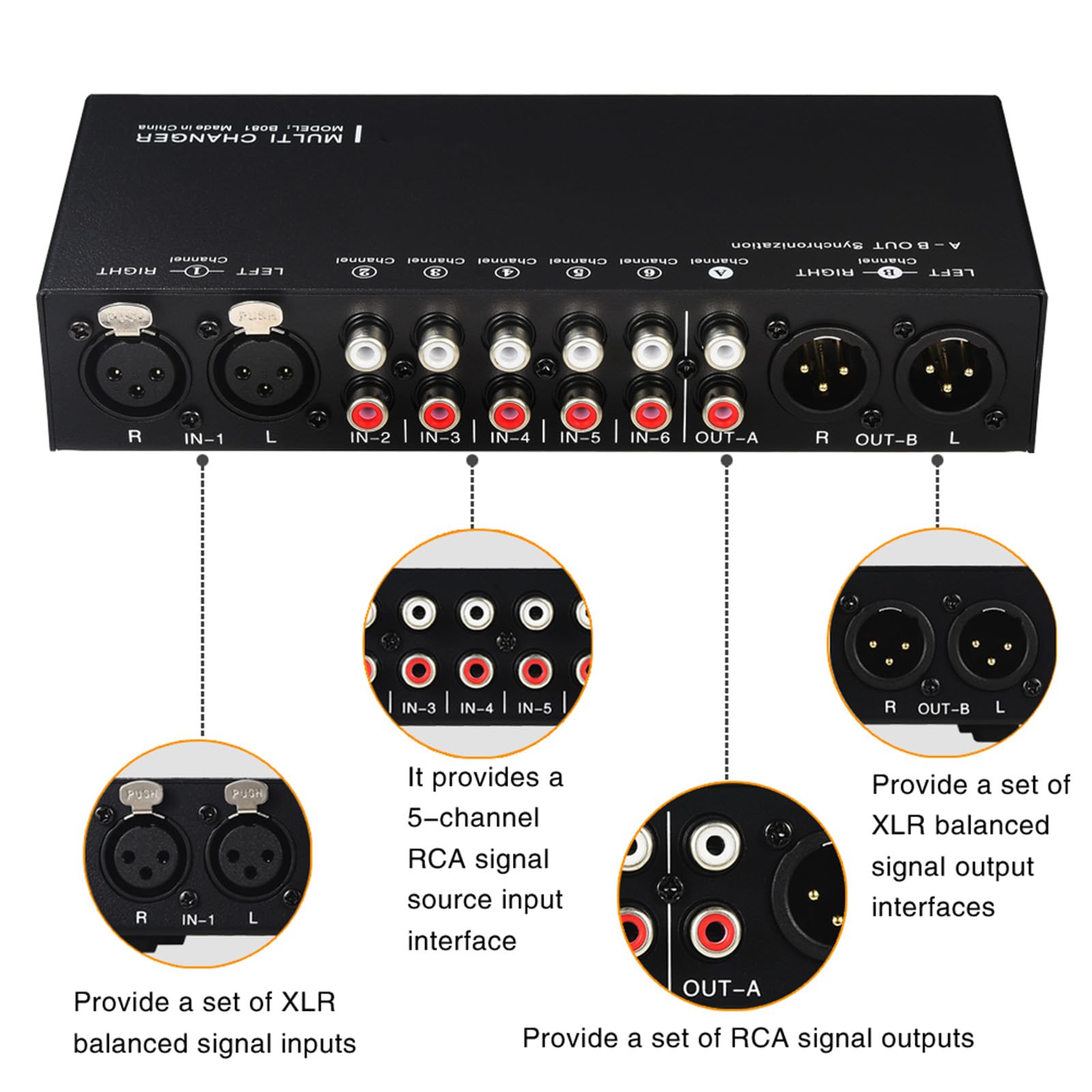Interruttore Segnale Audio Multicanale, Metallo Nero, Installazione Facile da Usare, Interruttore Mute Uscita Sincronizzazione XLR, per Televisori, Lettori MP3, 1 Pezzo