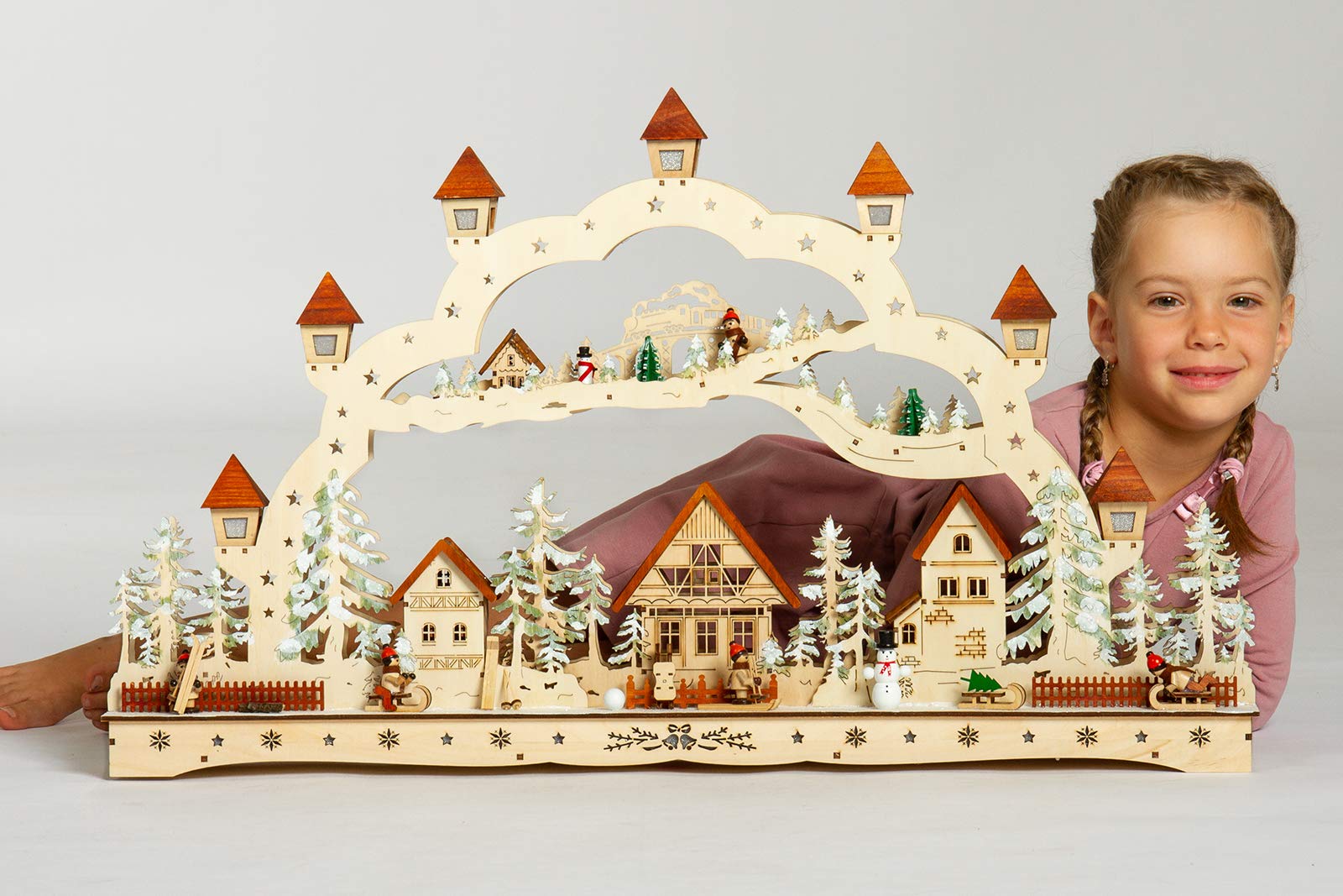 SIKORA LB77 XXXL Schwibbogen wundervoller Holz LED Lichterbogen inkl Netzteil Weihnachten Deko Motiv Weihnachtsdorf Breite 78 cm