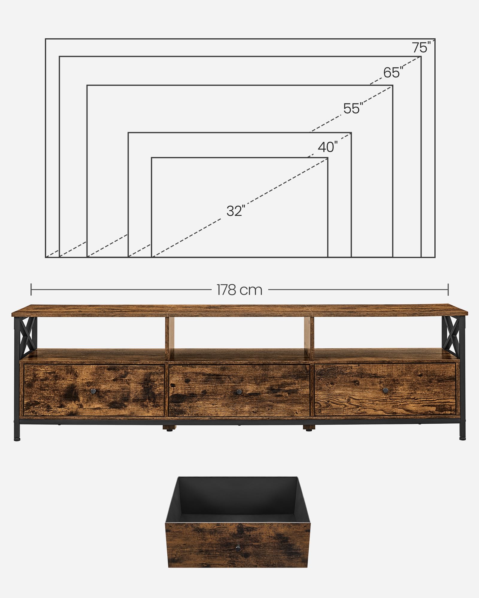 VASAGLE Mueble de TV, Mesa de TV de hasta 80 Pulgadas, con 3 Cajones de Tela y 3 Compartimentos Abiertos, 178 x 40 x 50 cm, para Salón, Dormitorio, Marco de Acero, Marrón Rústico y Negro LTV303KD01