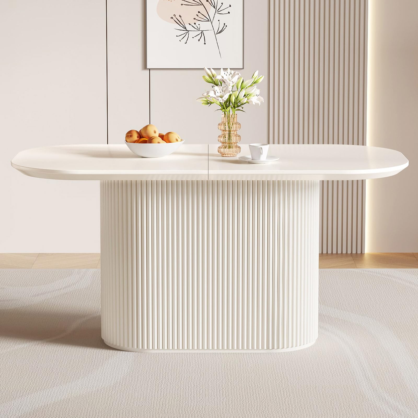 Guyii 63" Cream White Dining Table for 6 People Oval Kichen Table Modern Dining Room Table for 6 Island for Dining Room Restaurant Breakfast Nook