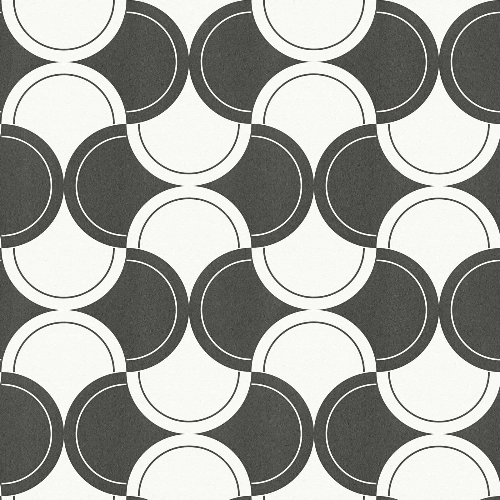 Tapeta w stylu retro w stylu lat 70., tapeta na fizelinie czarno-biała, geometryczny wzór koła | 10,05 x 0,53 m