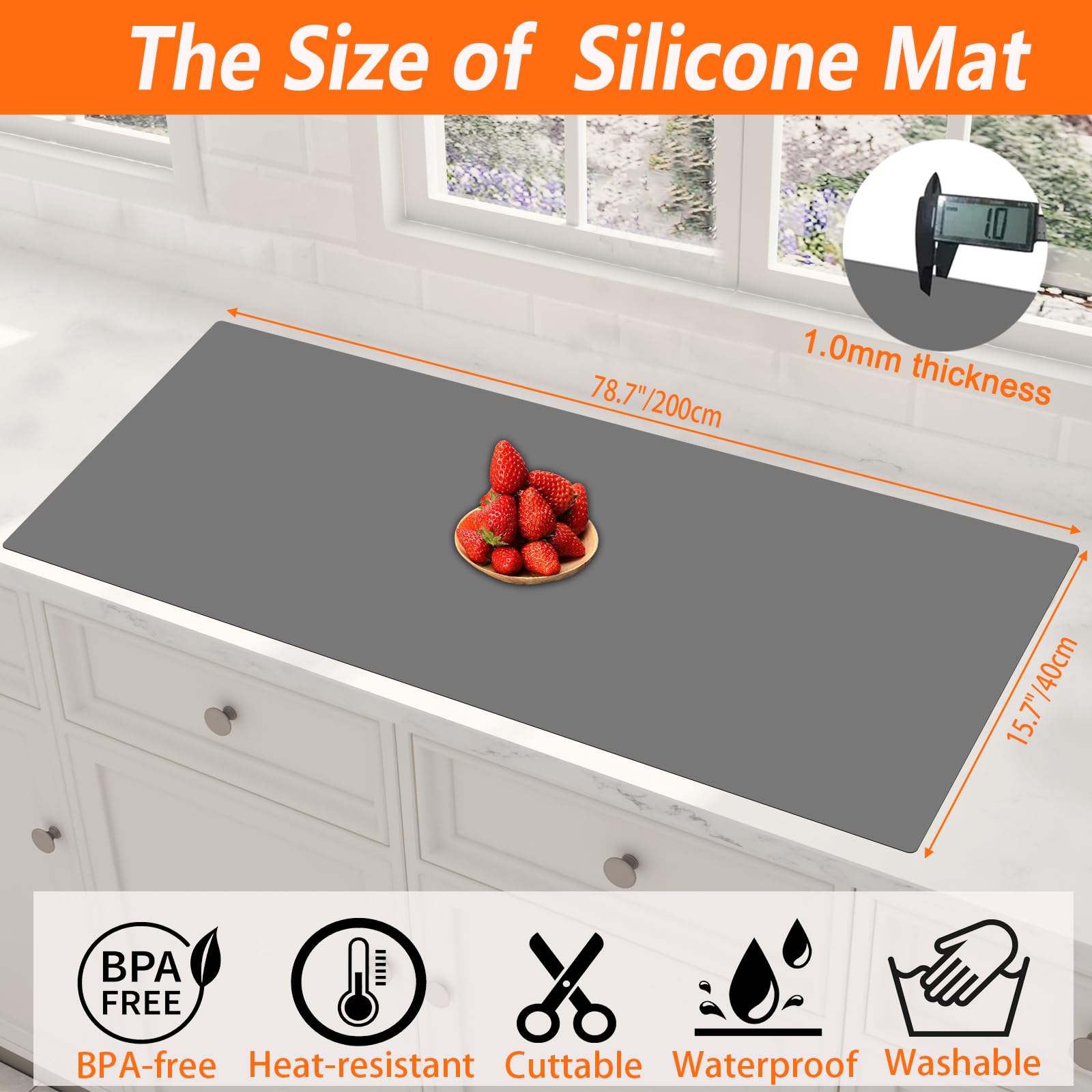 Grande tovaglietta in silicone, 200 x 40 cm, extra large, tappetino protettivo per piano di lavoro, tappetino resistente al calore per piano di lavoro con antiscivolo, tappetini in silicone per