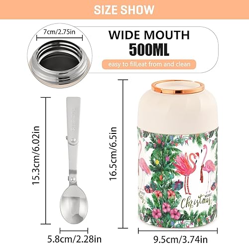 Miniatura 3 de Christmas Leaves Flamingo Food Jar with Spoon Stainless Steel Vacuum Insulated Food Container 17 oz Food Thermos for Lunch