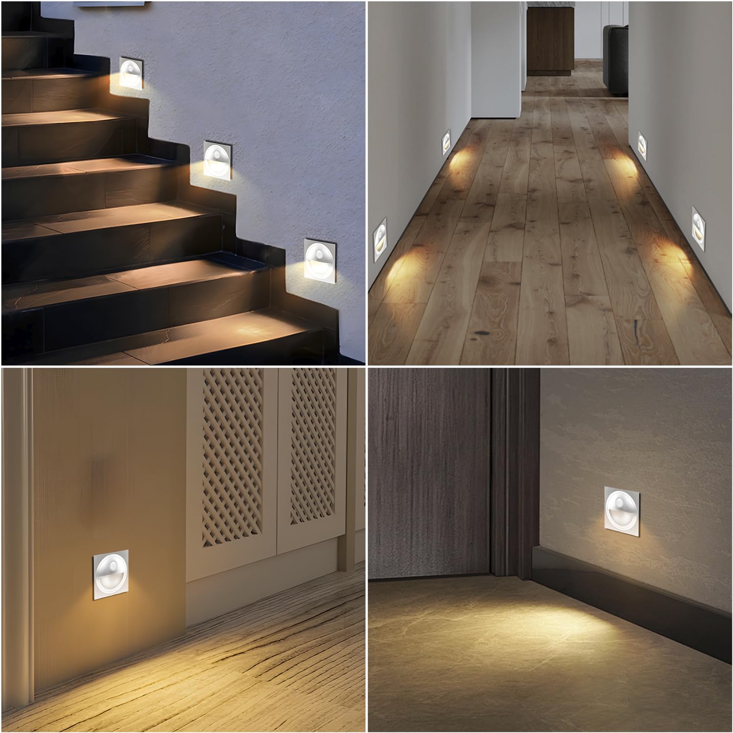 8er 0,6W LED Treppenlicht mit Bewegungsmelder Warmweiß 3000K LED Wandeinbauleuchte Silber Stufenlicht Treppenbeleuchtung für 60mm Runde Unterputzdose 230V für Innen