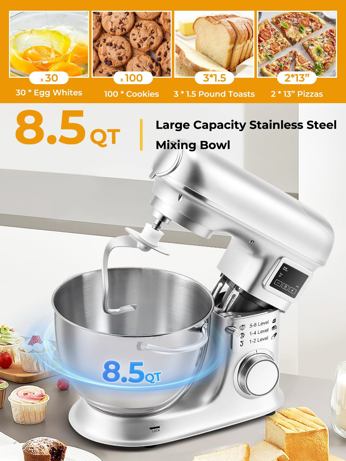 Impastatrice planetaria elettrica da cucina da 8 litri con display a LED, 6 velocità, testa inclinabile, ciotola in acciaio inox, tritacarne, gancio per impastare, frusta, accessorio per la