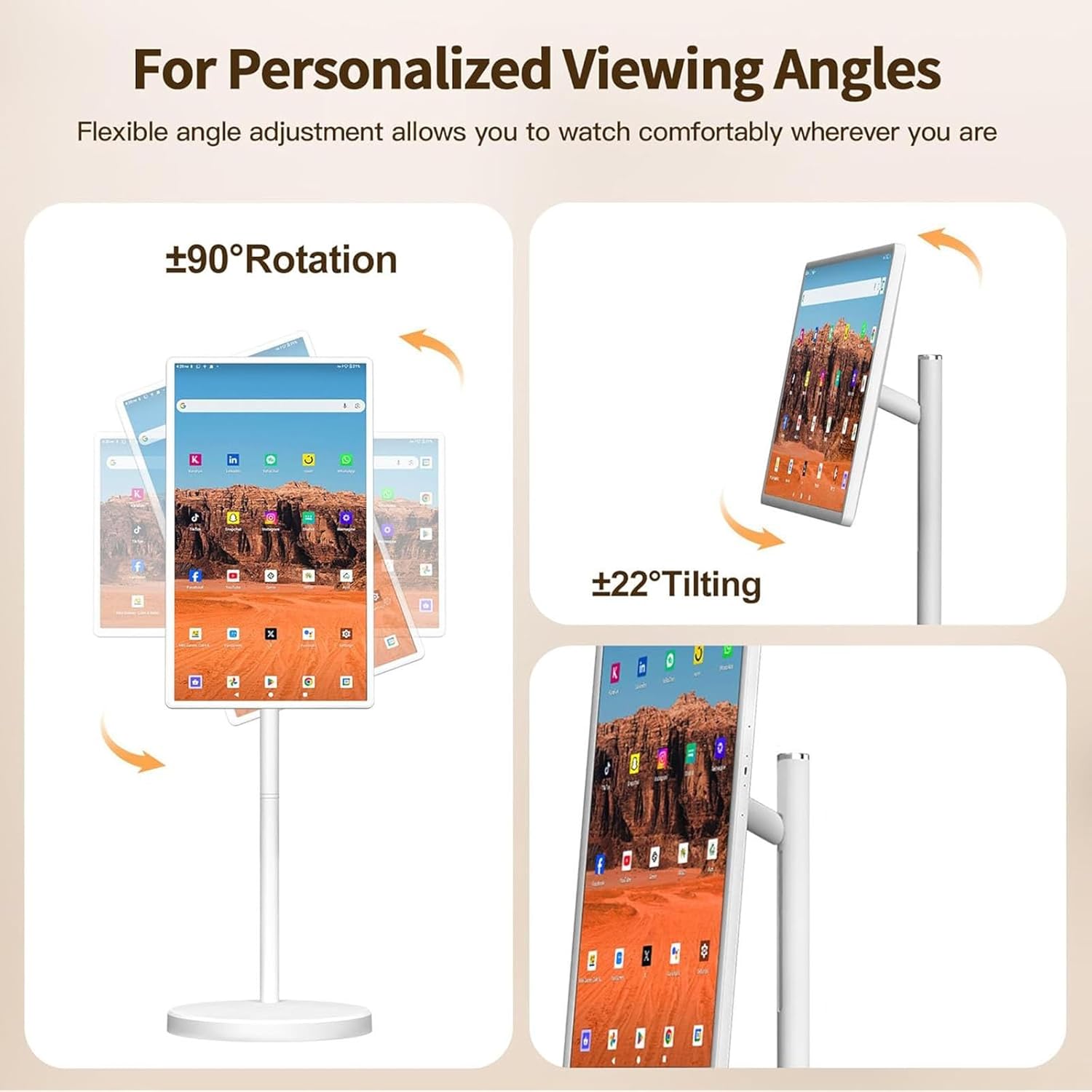 Wireless Portable Smart TV with Touch Screen, 21.5” Android Display, 10400mah Battery, Rolling TV on Wheels for Home Gym, Classroom & Entertainment(4+64GB)