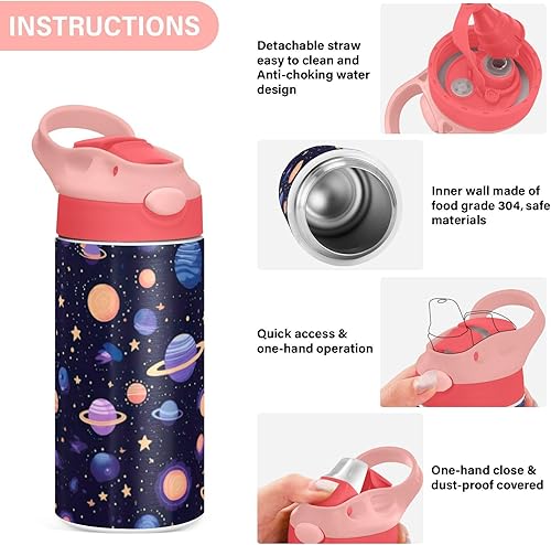 Miniatura 5 de KEIGE Space Galaxy Planet Kids Water Bottle,Vacuum Insulated Sport Bottle with Straw Lid,Stainless Steel Thermo Flask for Girls and Boys,12