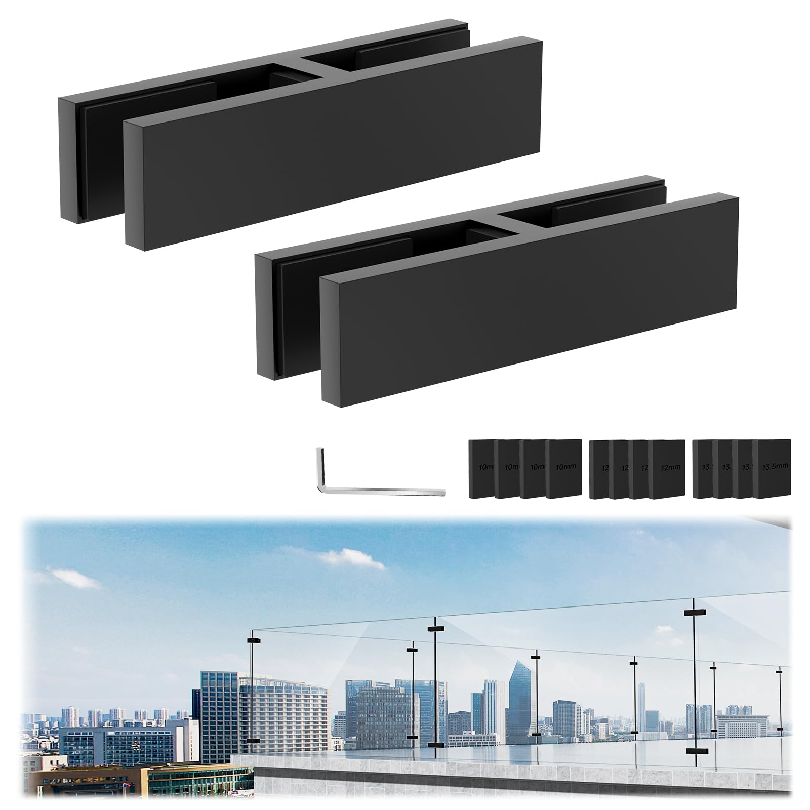 2 Pack Black Railing Glass to Glass Clamp, 180 Degrees Double Sided Clip Fit for 3/8"-1/2"(10mm-13mm) Thinkness Balustrade, SST304 Railing Holder for Fence, Balcony Deck, Indoor & Outdoor