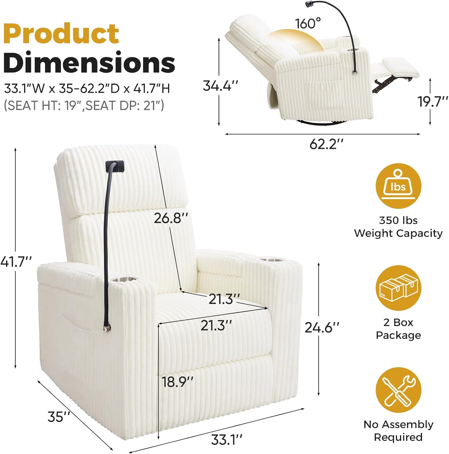 HUSFU Power Recliner Chair Swivel Glider,Nursery Rocking Chairs w/USB Charging Port and Phone Holder,Swivel Rocker Glider Recliner for Nursery,Bedroom,Living Room,Cream,1PC