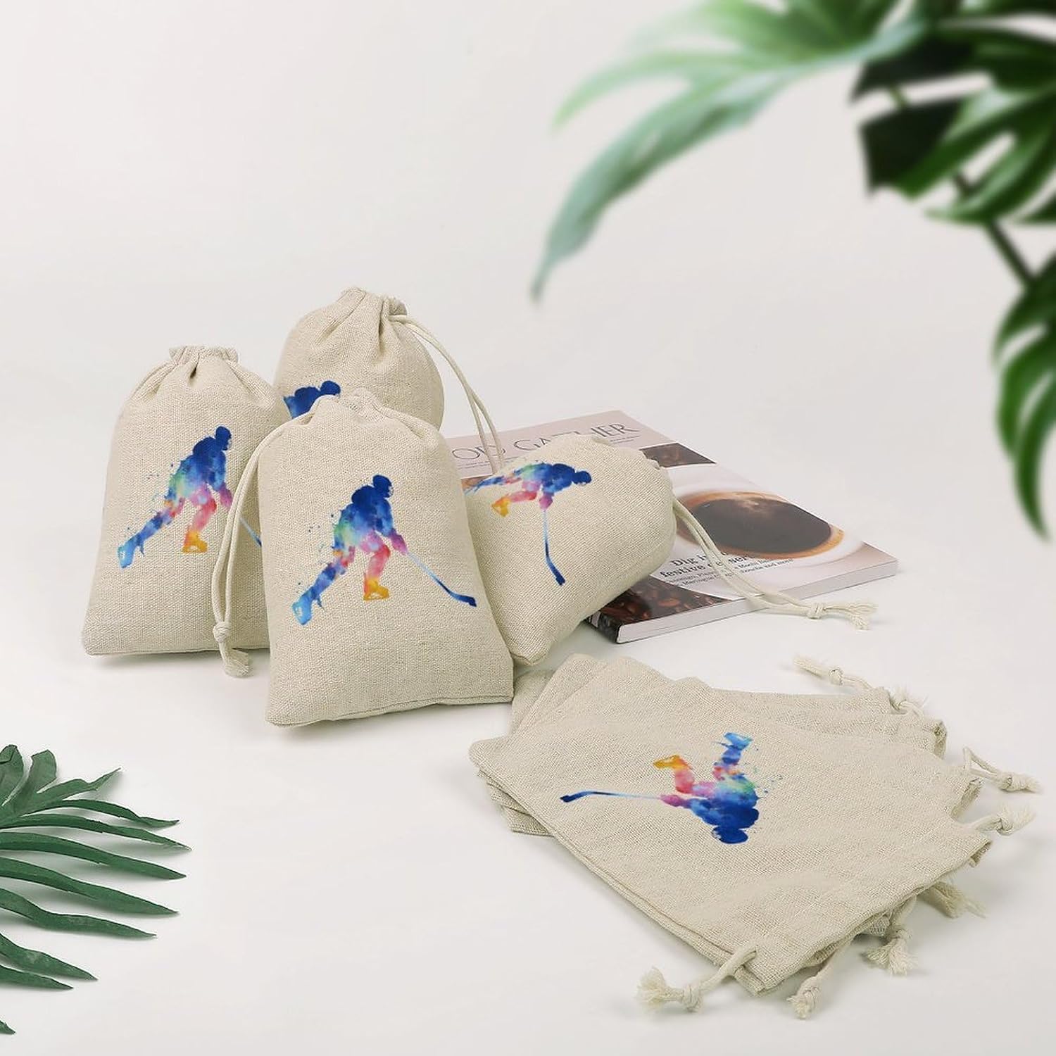 Watercolor Ice Hockeys Player Cloth Bag Small Makeup Coin Pouches 8PCS | string closure,cotton and linen,compact storage pouch,machine washable