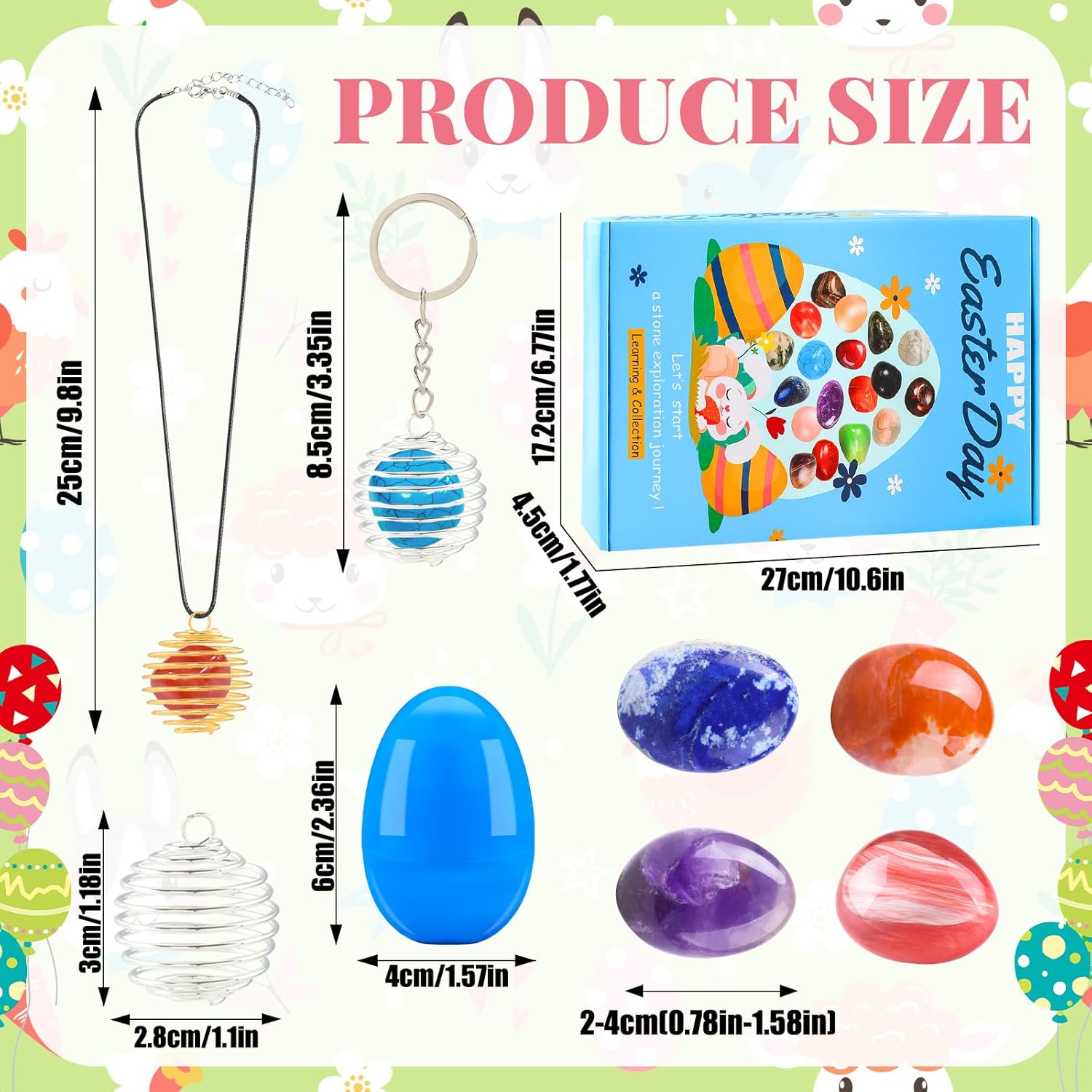 Vellibring Easter Basket Stuffers, 18pcs Gemstones Prefilled Easter Eggs Natural Mineral Rocks Crystals with Necklace Rope Keychain Easter Party Favors for Egg Hunt, Educational Present for Boys Girls