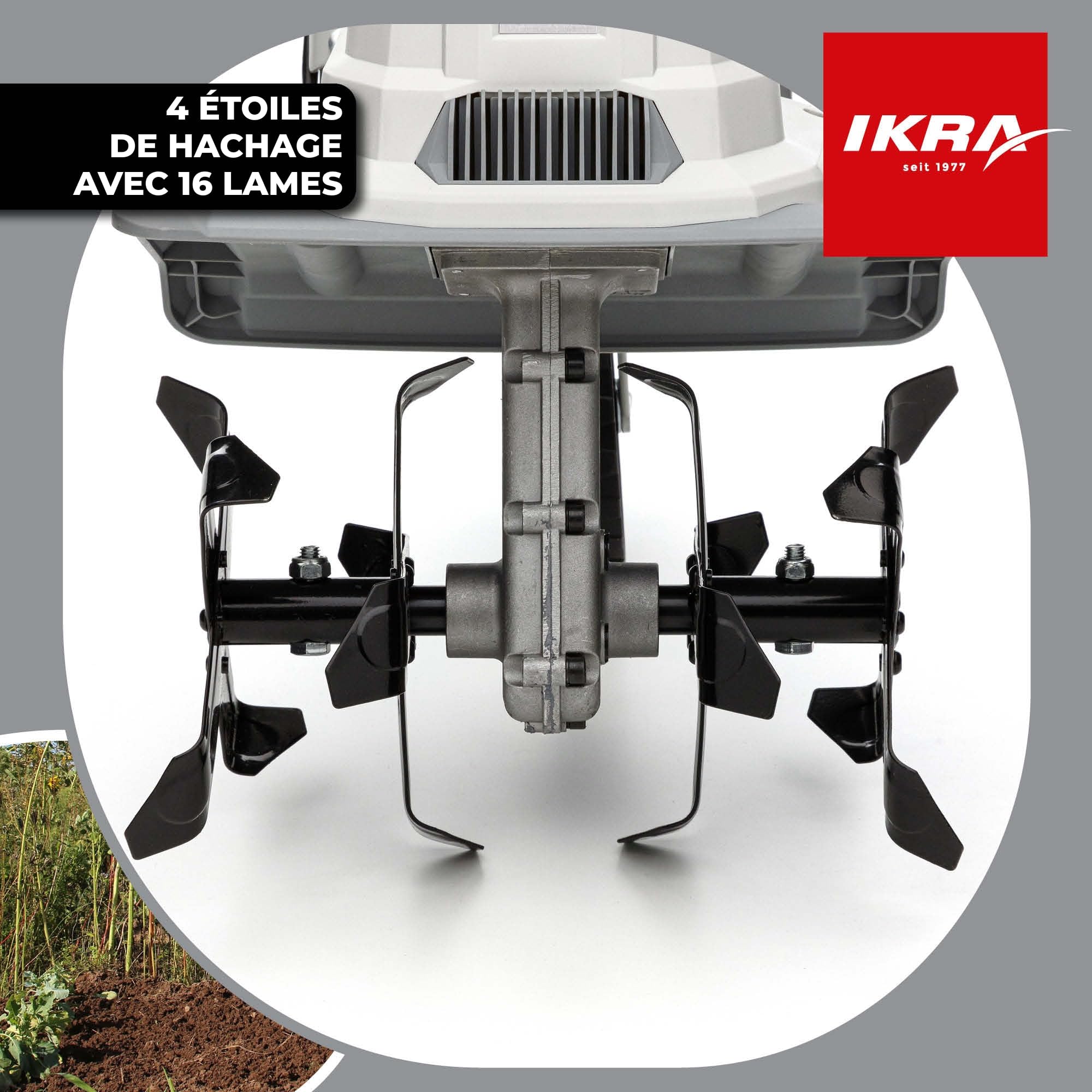IKRA motoculteur électrique IET 1030, Largeur 30 cm, Profondeur 20 cm | 1080 W, talon de frein, roue de transport, pliable pour un rangement peu encombrant, protection contre les surcharges