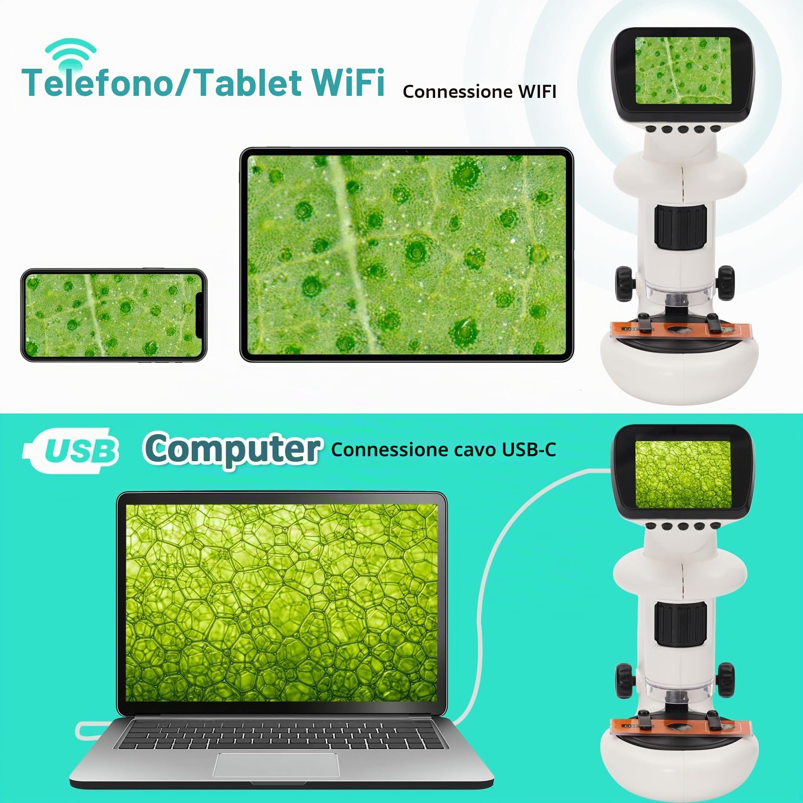 2in1 microscopio digitale bambini,microscope portatile bambini con display LCD da 2,4 pollici e ingrandimento 1000x. Set di esperimenti scientifici per children con vetrini microscopio