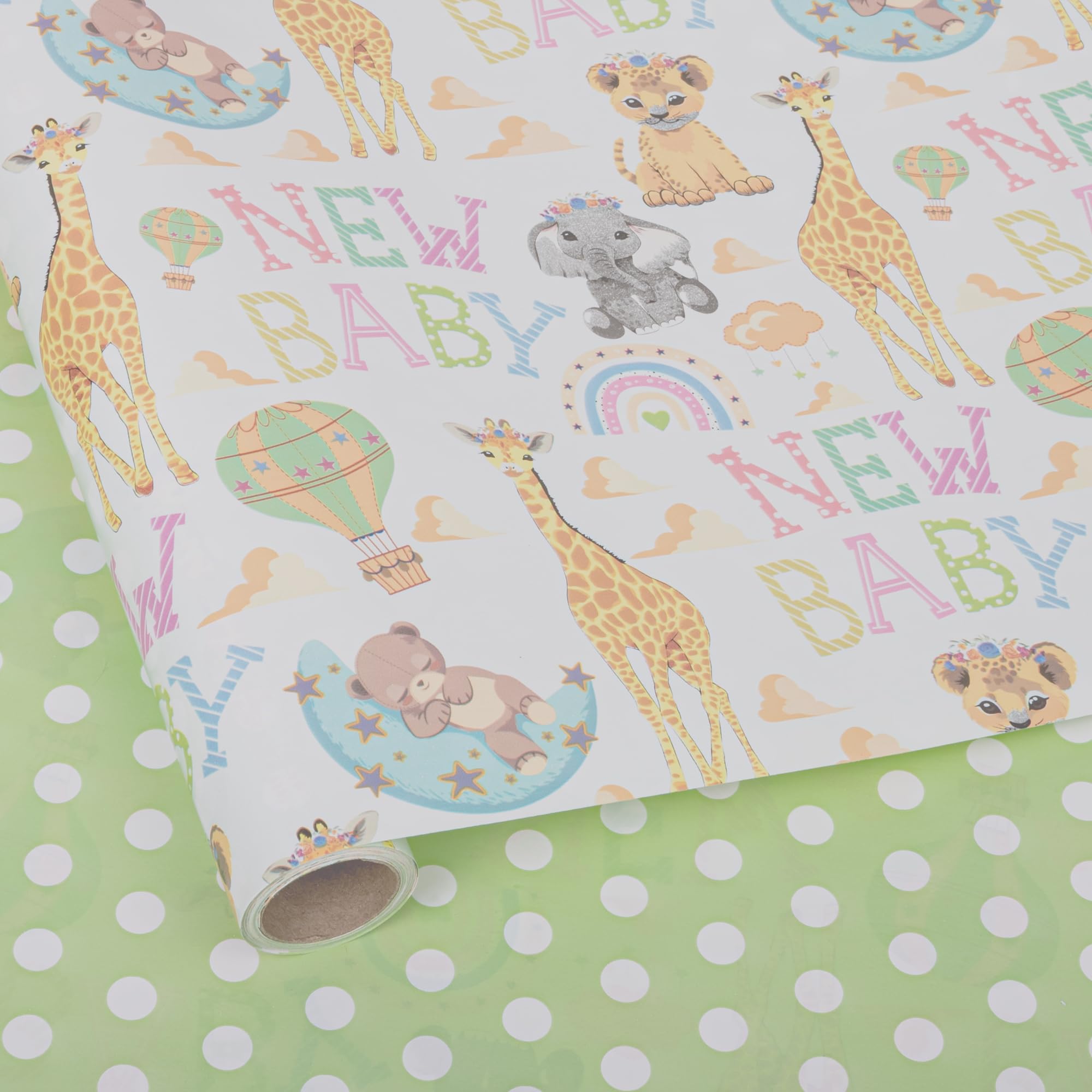 Altarho Papel de regalo reversible para baby shower para niños y niñas, 17 pulgadas x 33 pies, animales de jirafa león y nuevo diseño de bebé para baby shower, fiesta, cumpleaños, vacaciones