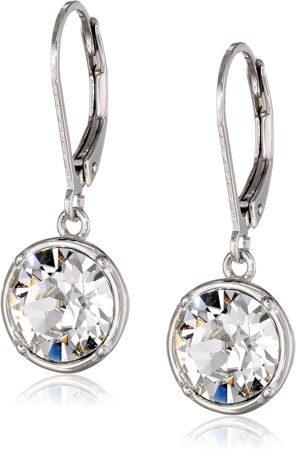 Amazon Collection Sterling Silver Bezel Set Round Crystal Lever Back Dangle Earrings