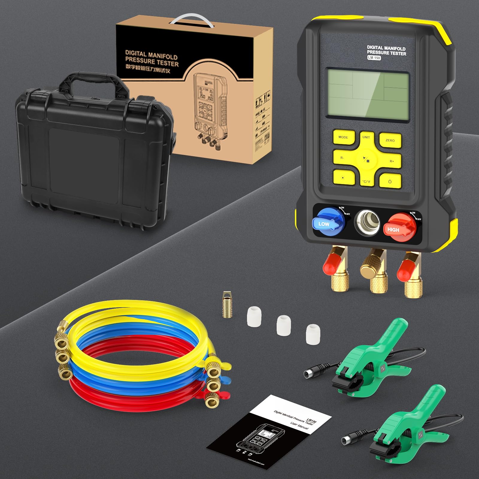 LM150 Digitales Manometer-Set für 93 Kältemittel in HLK-Anlagen | Nachfüllset für Kältemittel R134A, R410A, R404A und R22 mit Schläuchen und Thermometerklemmen