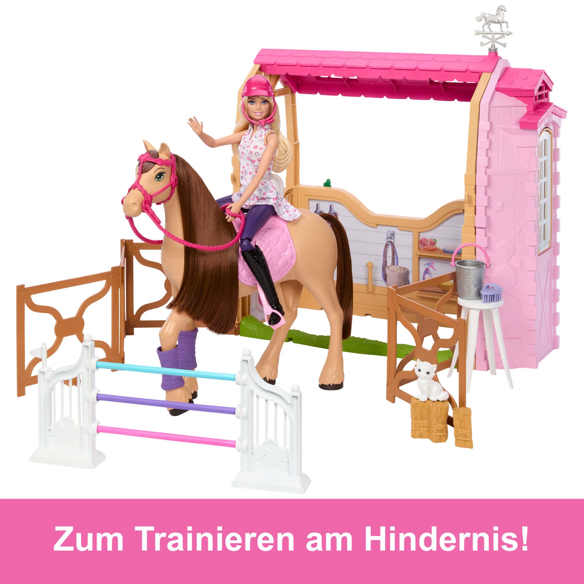 Barbie Spielzeugstall-Spielset mit Puppe, Pferd und Zubehör, mehr als 25 Teile mit 6 Spielbereichen, inspiriert von Barbie Mysteries: Das geheimnisvolle Pferdeabenteuer“, JDN43