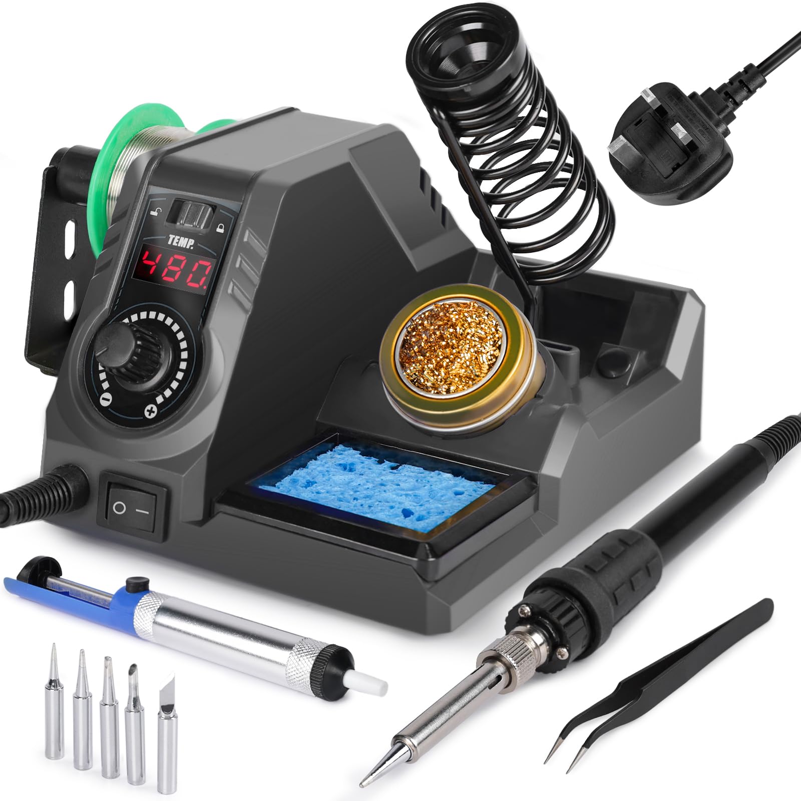 WEP 926LED V3 Black Soldering Station 130W MAX Soldering Iron Kit with Solder Wire, 5 Soldering Tips, Tweezers, Solder Sucker, Tip Cleaner, Temperature Control, Sleep Mode(UK)