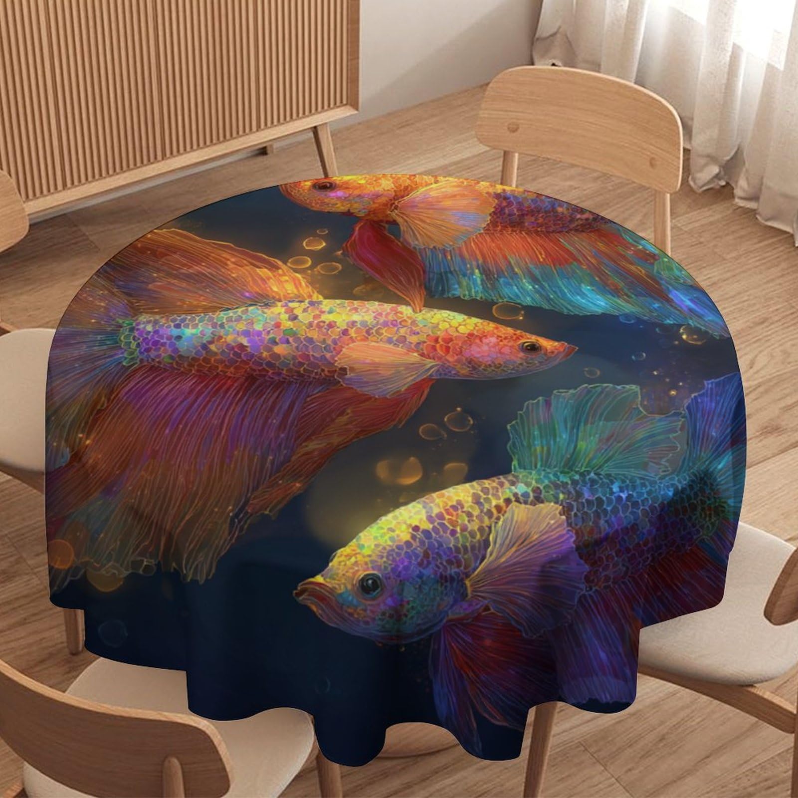 LUYYSKY Beautiful Retro Colorful Fish Waterproof Round Tablecloth Rustic Watercolor Underwater Landscape Animal Fish Washable Table Cover for Kitchen-91.4" Wx91.4 L cm