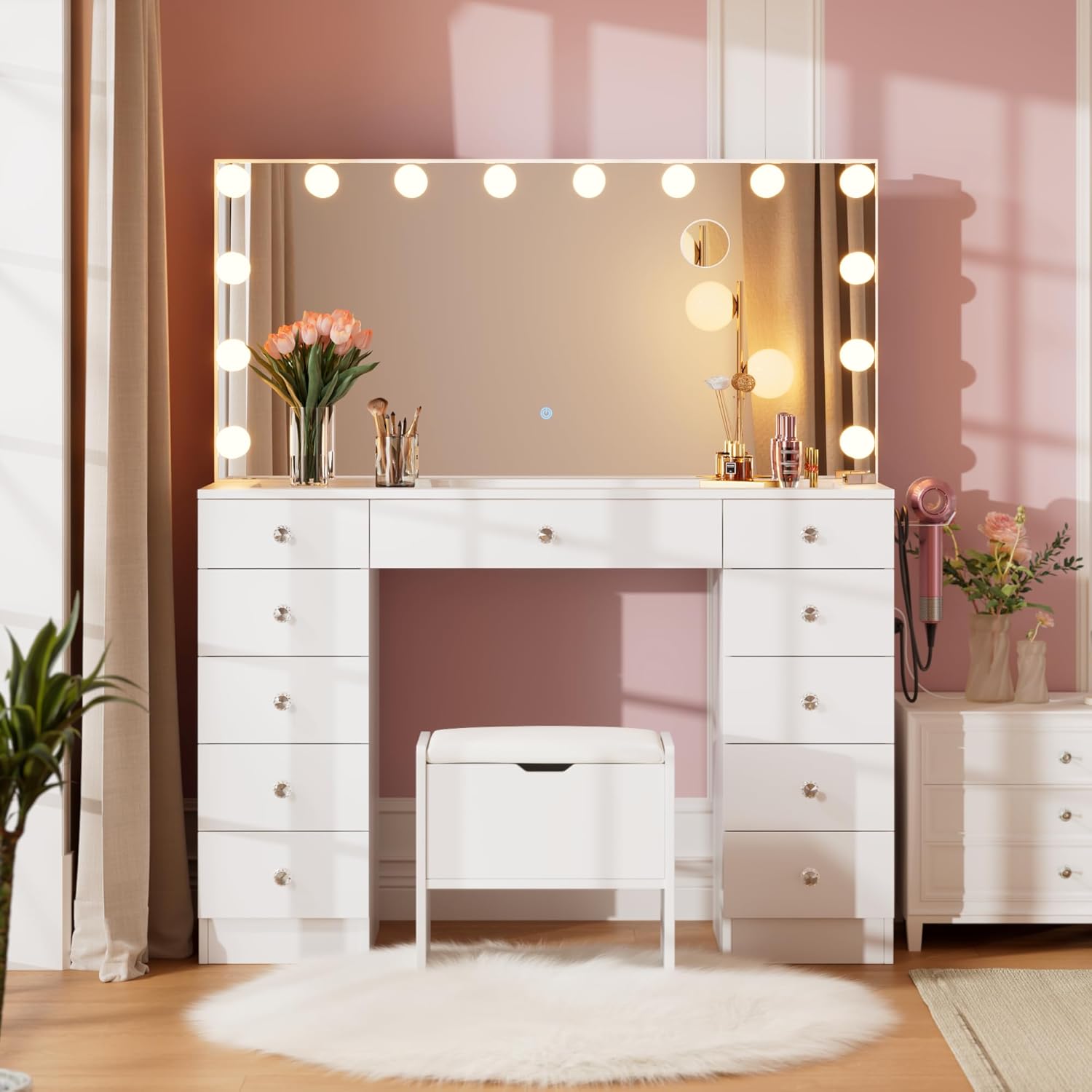 SMOOL Vanity with Mirror and Lights - 46" Vanity Desk with Outlet and 11 Drawers, 3 Color Lighting Modes Adjustable Brightness, Glass Top Makeup Table with Soft Cushioned Stool for Bedroom (White)