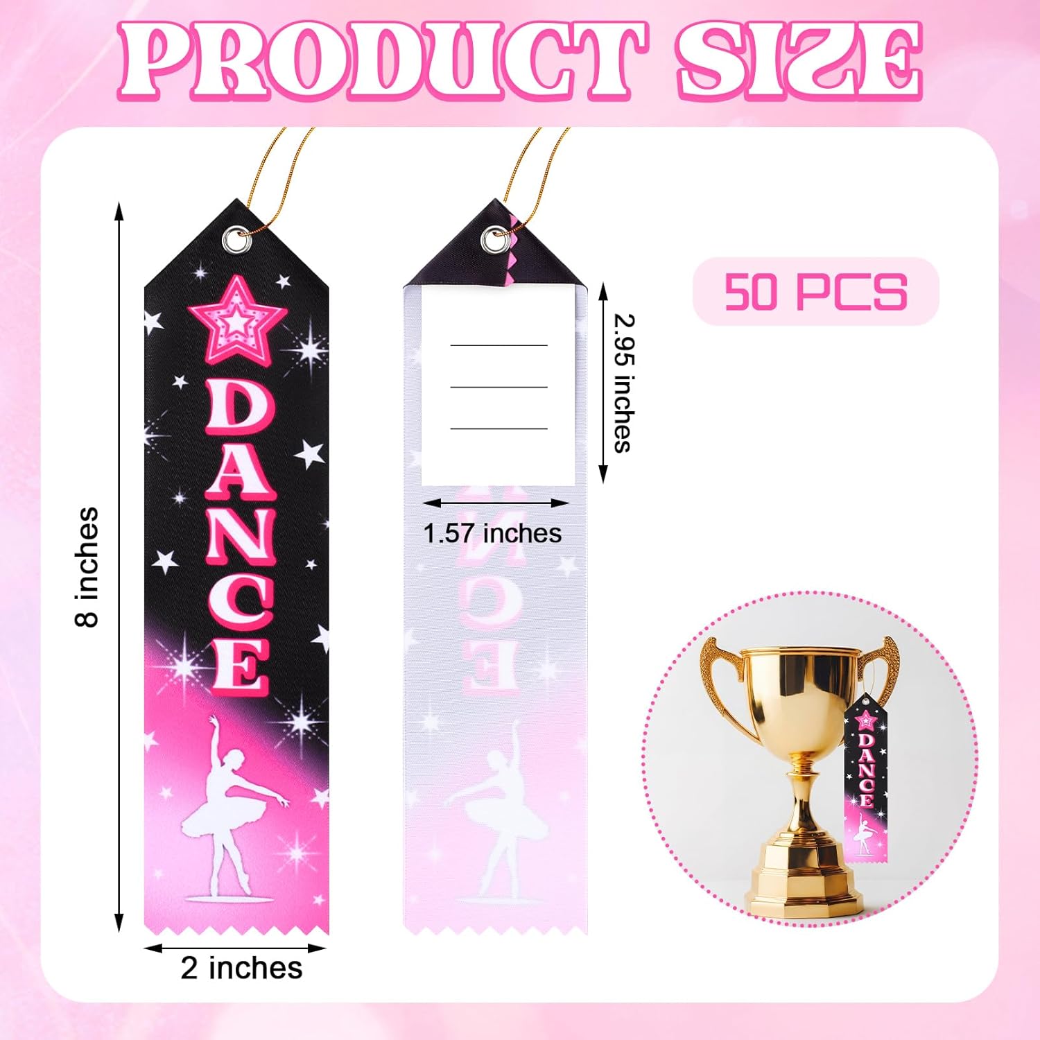 ダンスアワードリボン50個 バルク 8 x 2インチ ダンスアチーブメントリボン イベントカードとロープ付き ダンスバレエコンペティ