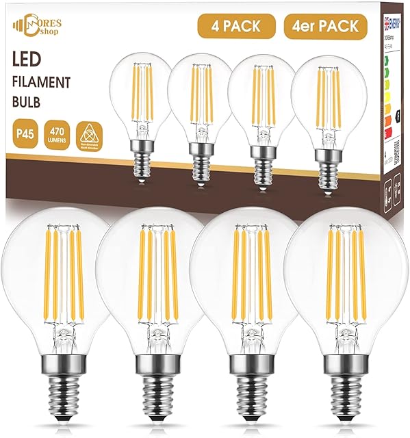 DORESshop E14 Filament Bulb, Nature Daylight 4000K, CRI90+, 4W Golf Ball SES Bulb, P45 Small Edison Screw Bulb, 40W Incandescent Equivalent, 470LM, 230V, P45 Filament Bulb, Non-Dimmable, 4 Pack