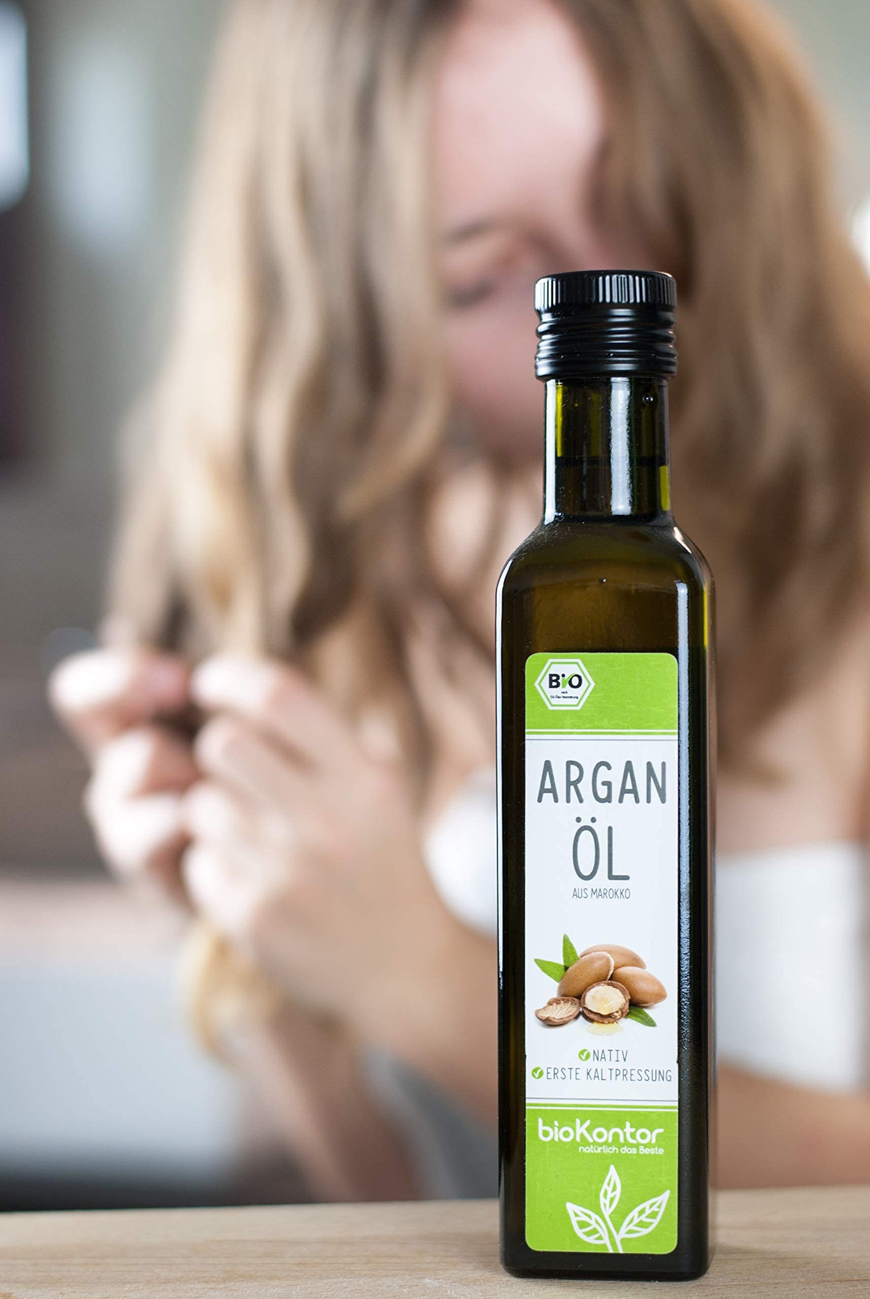 bioKontor – BIO Arganöl 500ml (2 x 250 ml) – Argan Öl aus Marokko nativ kaltgepresst – 100% rein, Rohkostqualität – Bio Arganöl für Haut, Haare und als Lebensmittel – Feuchtigkeitspflege & Haarkur