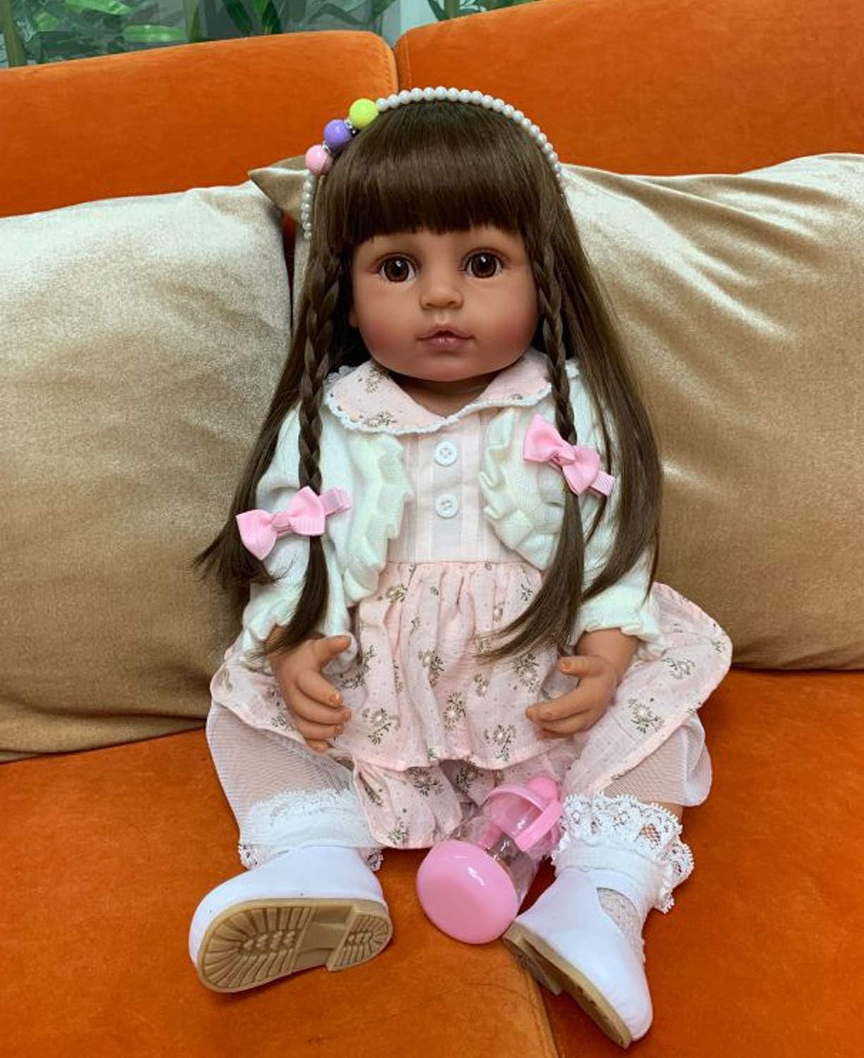 Reborn Baby Dolls Silicone Full Body African American 22 inches Realistic Black Biracial Girl Reborn Toddler Doll Long Hair with Beautiful Dress Accessories for Birthday Xmas Gifts Set