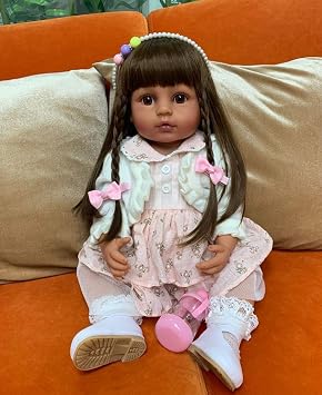 RXDOLL Reborn Baby Dolls Vinyl Full Body Tan Skin African American 22 inches Realistic Black Biracial Girl Reborn Toddler Doll Long Hair with Beautiful Dress Accessories for Xmas Gifts