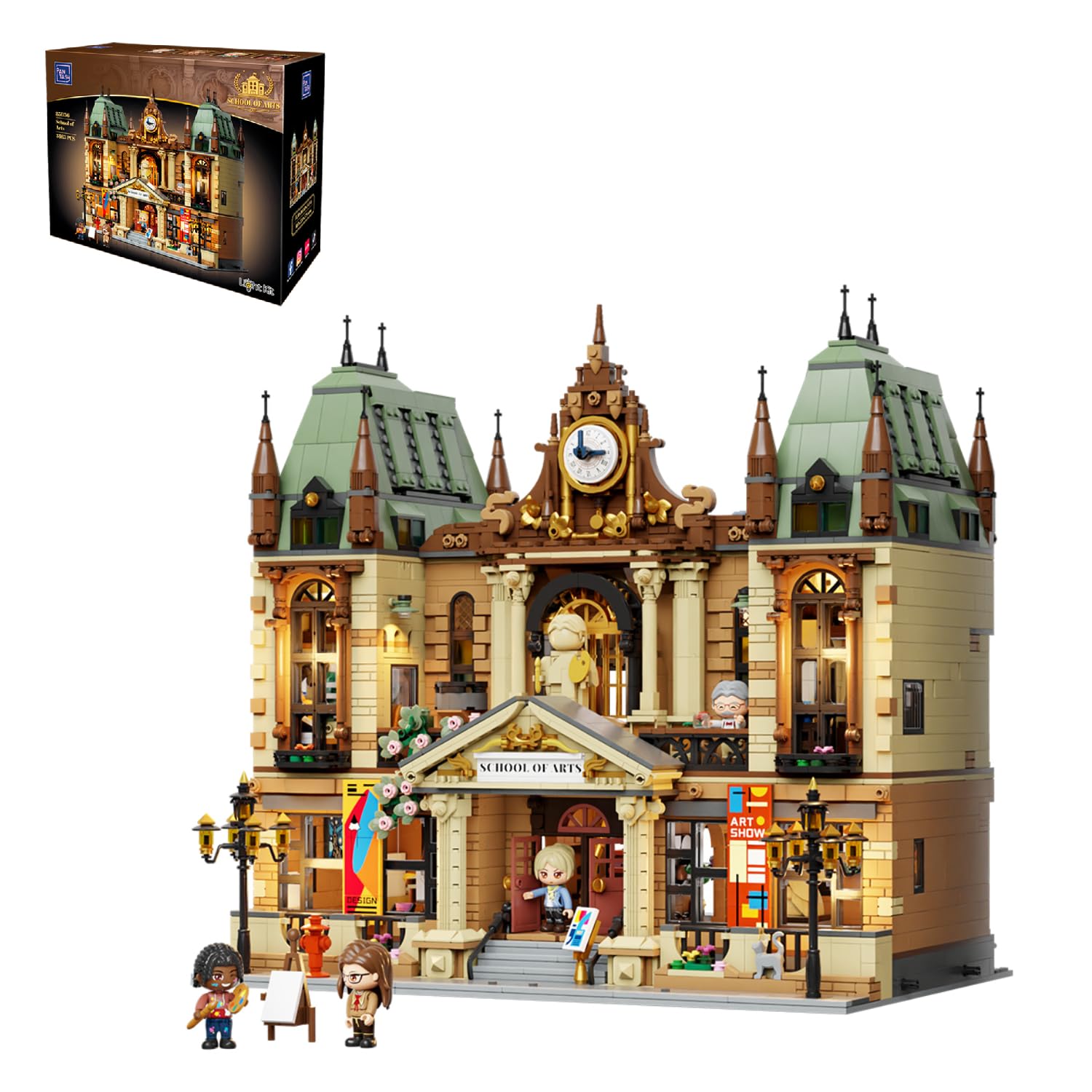 PANTASY Art School Building Set with LED Lights, European Modular Street Architecture Model, 3-Level Detailed Interior, Collectible Display Building for Adults