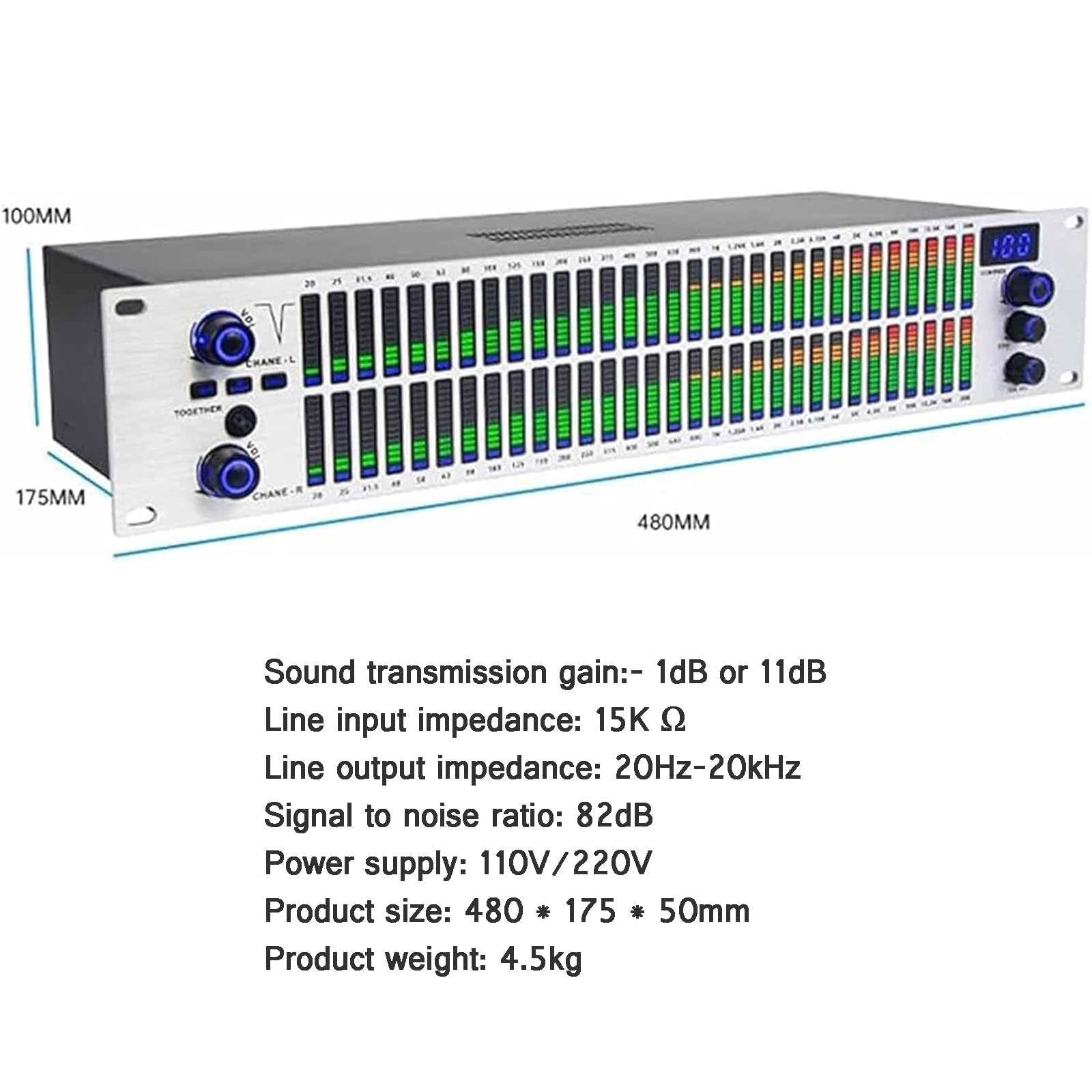 31-pasmowy korektor cyfrowy, analizator widma audio ze światłem wyświetlacza, 10 wstępnie ustawionych efektów i impedancji wyjściowej linii: 20Hz-20kHz i niski/średni/wysoki/wysoki, niezależna