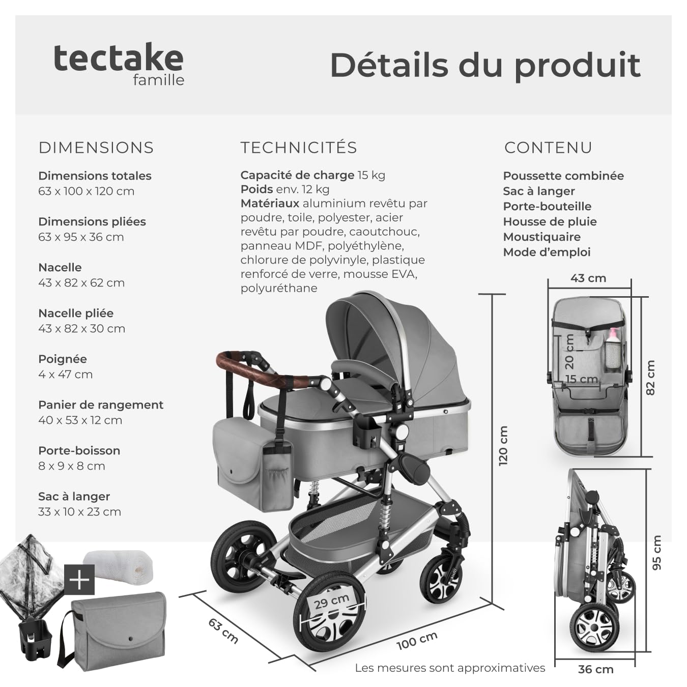 Tectake Poussette combinée pliable 0-36 mois nacelle siège sport harnais 5 points compacte voyage
