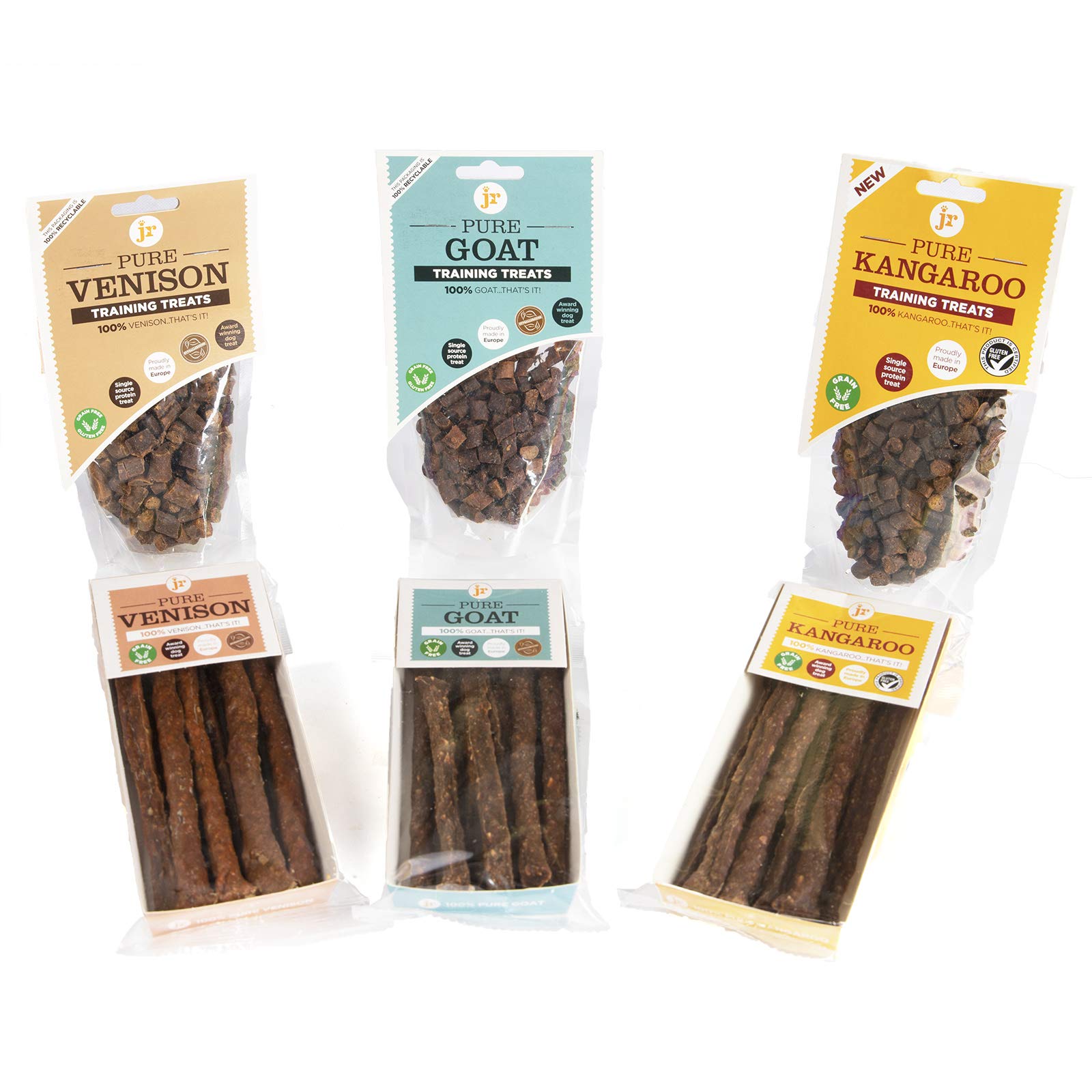 J R Pet Products 6 x Pure Natural Dog Treat Bundle (3 x 85g training treats 3 x 50g Pure meat Sticks). Delicious Kangaroo, Goat & Venison Flavours