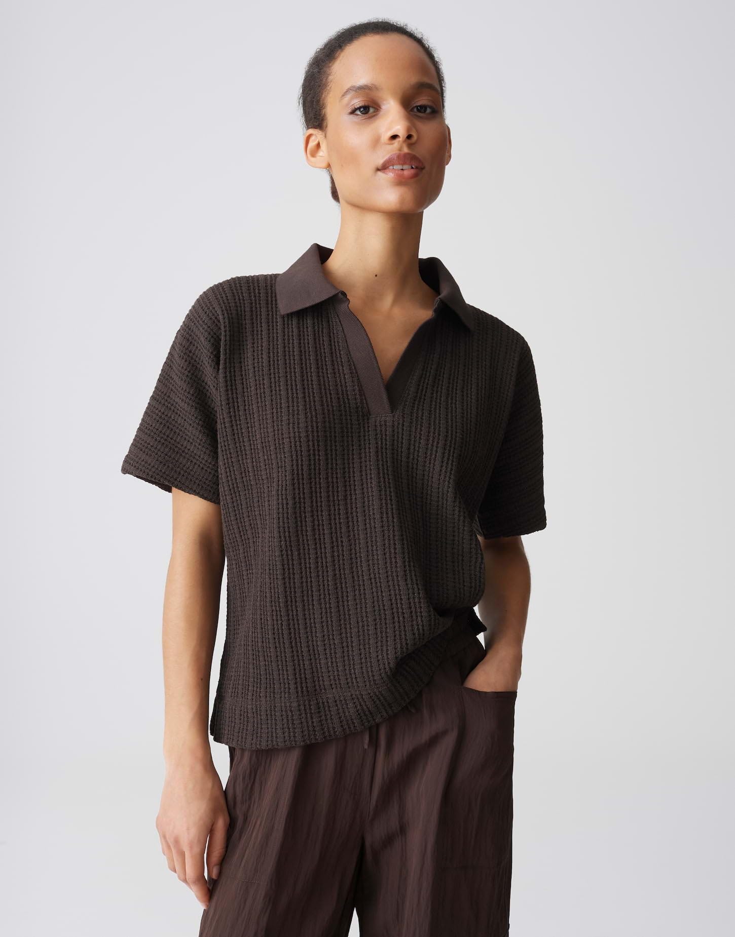 OPUS Damen Kurzarmshirt | Poloshirt in luftiger Strickoptik Loose Fit