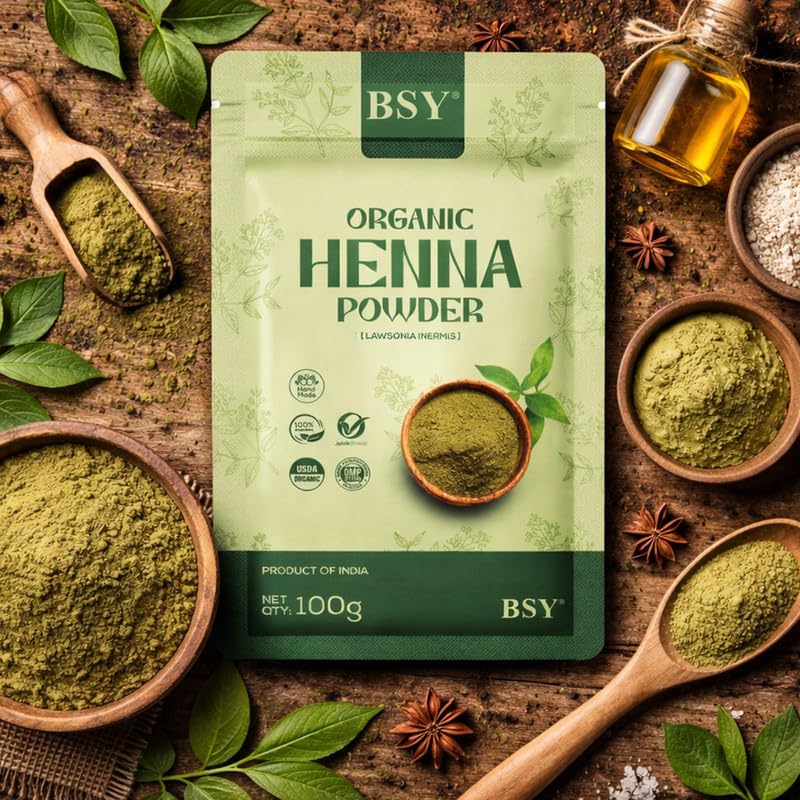 Image of BSY Organic Henna Powder for Hair - 100% Pure & Natural Herbal Maruthani Powder for Rich Hair Colour | Chemical-Free Henna for Women & Men 100g