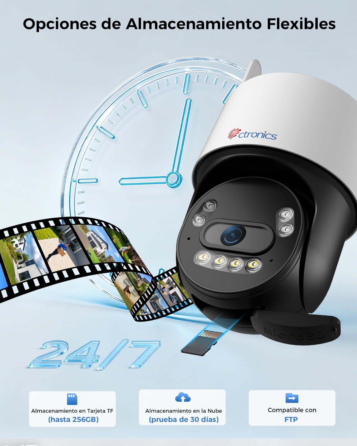 Ctronics Cámara de Vigilancia Exterior 4K WiFi, PTZ 8MP | Visión Nocturna a Color, Detección Personas/Vehículos/Animales, WiFi 2,4/5 GHz, Compatible con NVR, 24/7, Audio Bidireccional