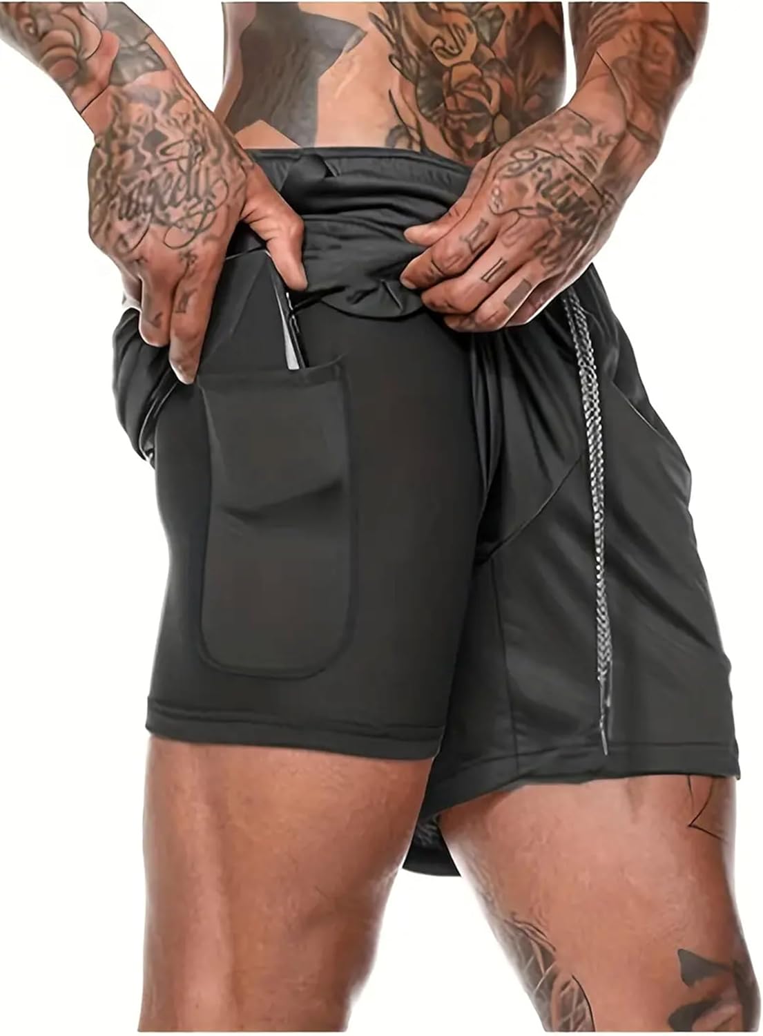 Men's Summer Outdoor Sports Leisure Shorts with Inner Liner and Side Phone Pocket, Drawstring Waist for Running Gym Beach