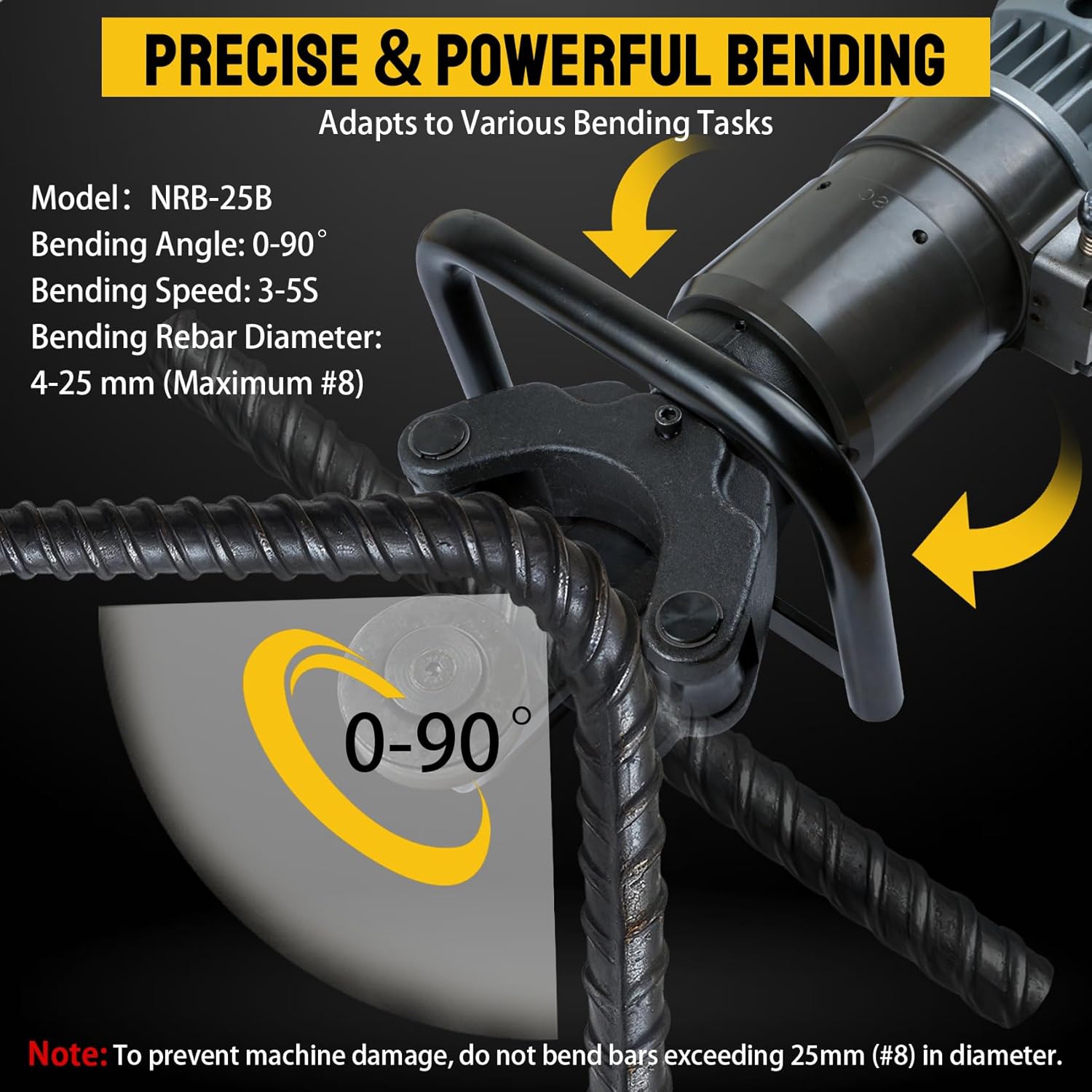 1800W Industrial Electric Hydraulic Rebar Bender & Straightener, 1” Handheld Portable Rebar Bending Machine,3-5s Fast Bending for 4-25mm (Max#8) Rebar,Bending Angle 0-90°,with Portable Toolbox,NRB-25B