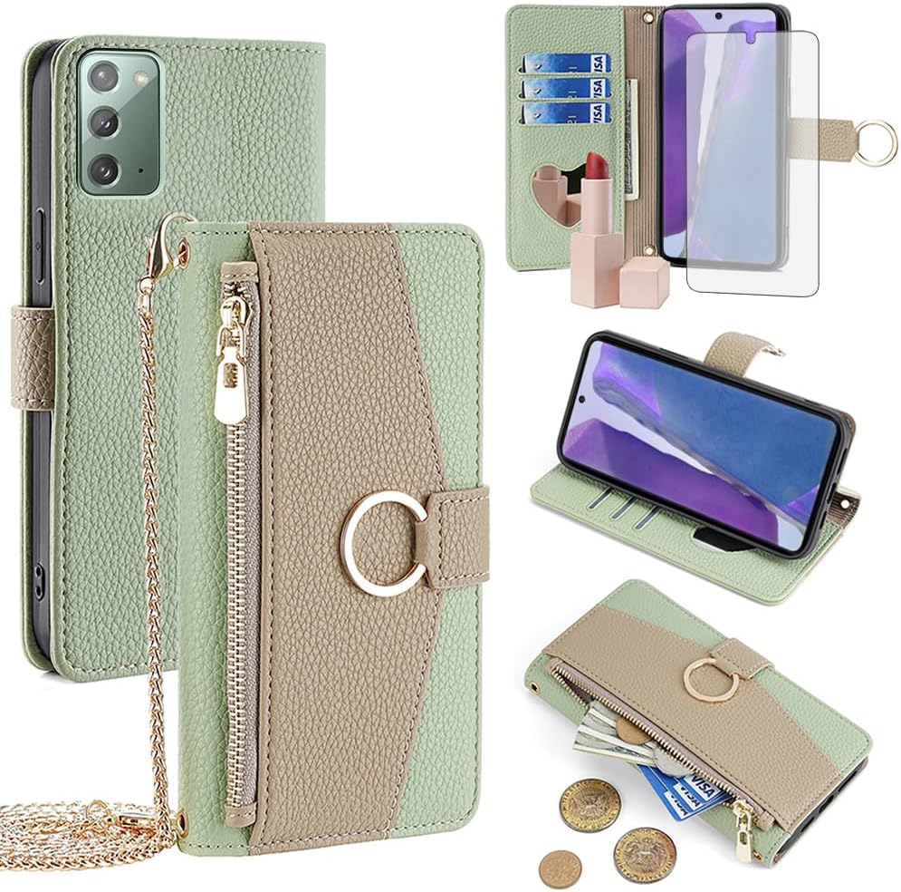 Asuwish Phone Case for Samsung Galaxy Note 20 5G Wallet Cover with Screen Protector and Mirror Flip Cover Ring Card Holder Crossbody Strap Stand Cell Note20 Notes 20s Twenty Not S20 Women Girls Green