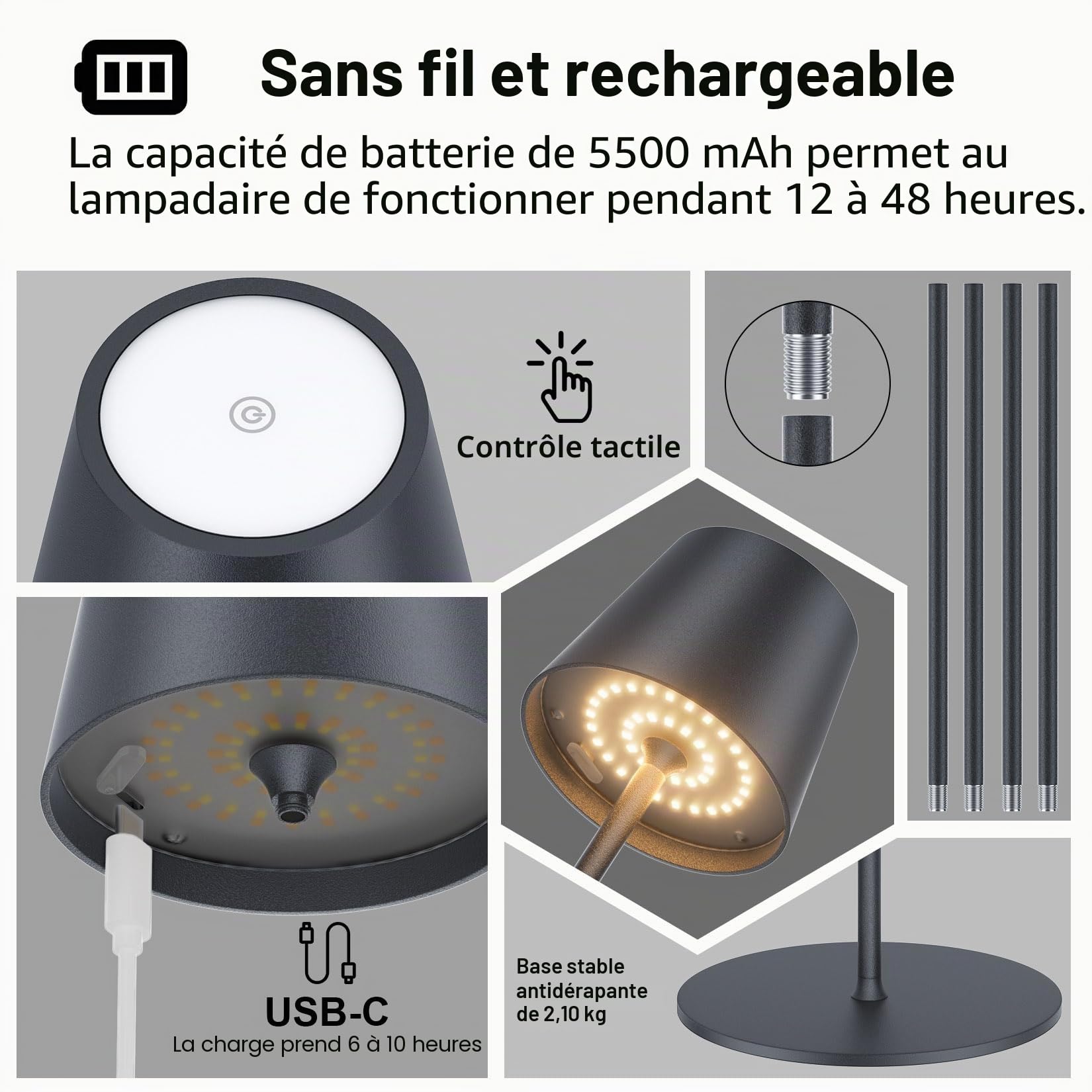 Lampadaire LED Dimmable avec piles, Lampadaire sans fil rechargeable avec commande tactile pour l'éclairage intérieur et extérieur, salon, balcon, Anthracite