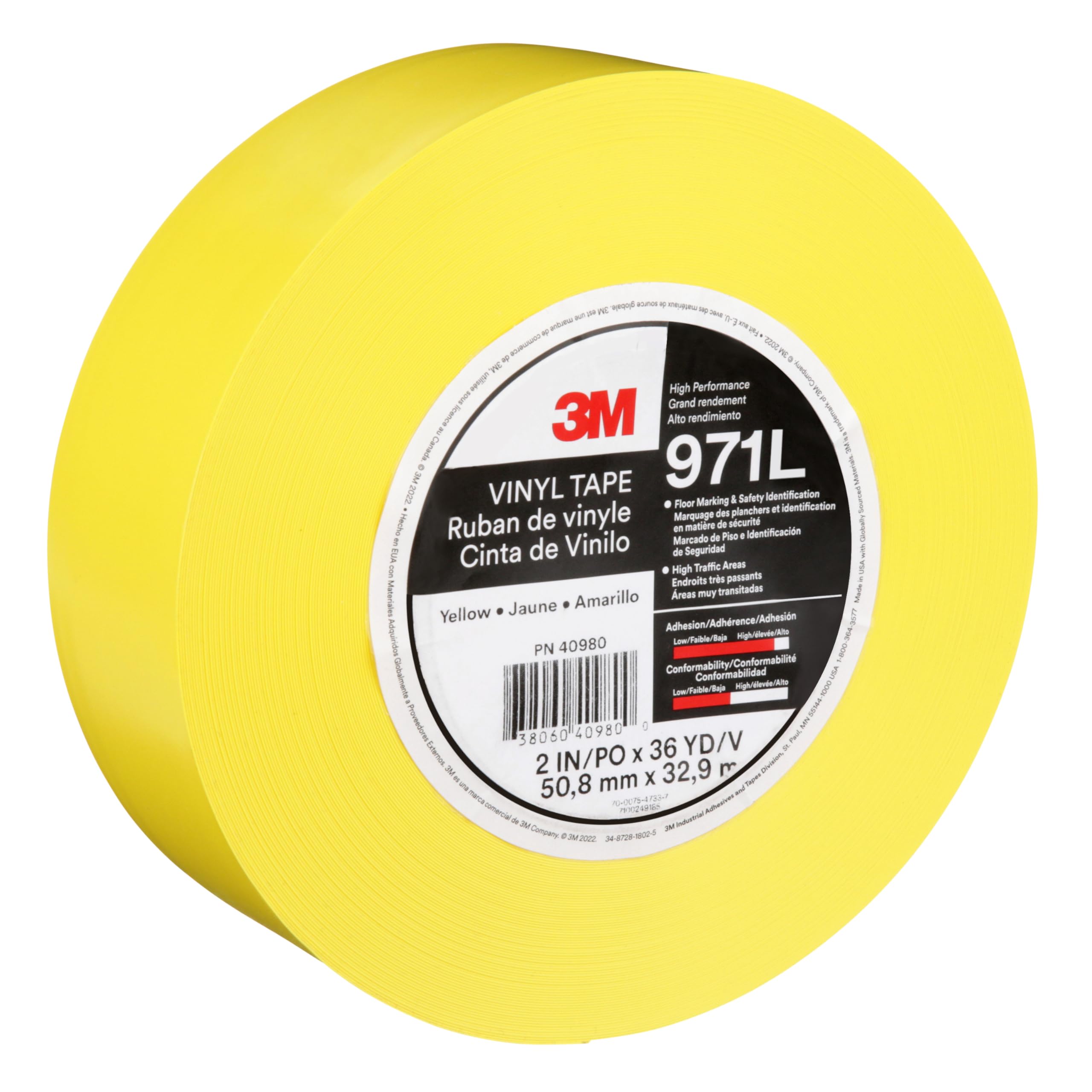 3M Nastro resistente per marcatura di pavimenti con liner 971L, Yellow, 50.8 mm x 33 m, 0.43 mm, Individually Wrapped Conveniently Packaged