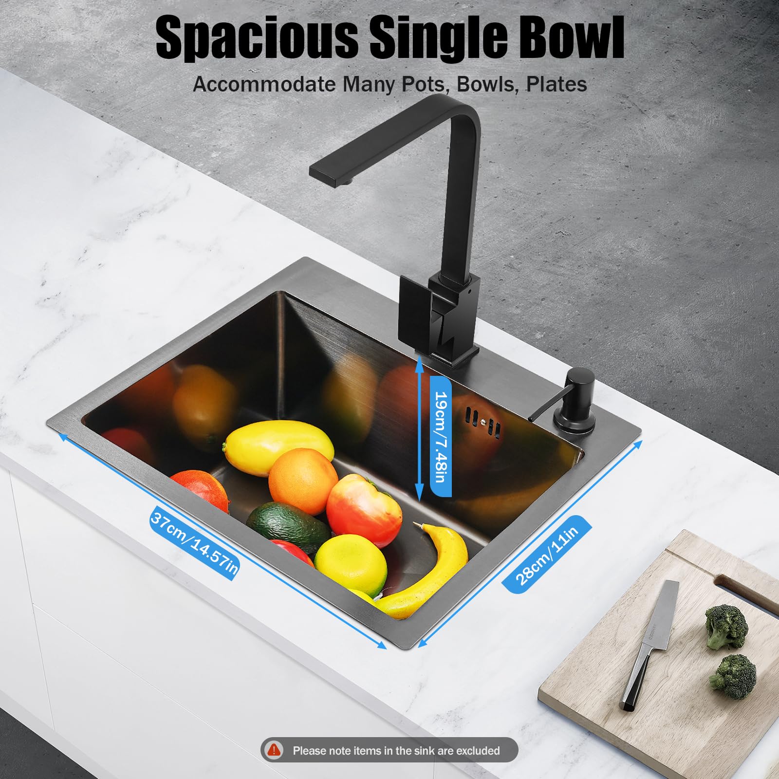 Lavello Da Incasso In Acciaio Nero 45x40 Cm Con Rubinetto 360° E Dosatore Sapone – Kit Completo