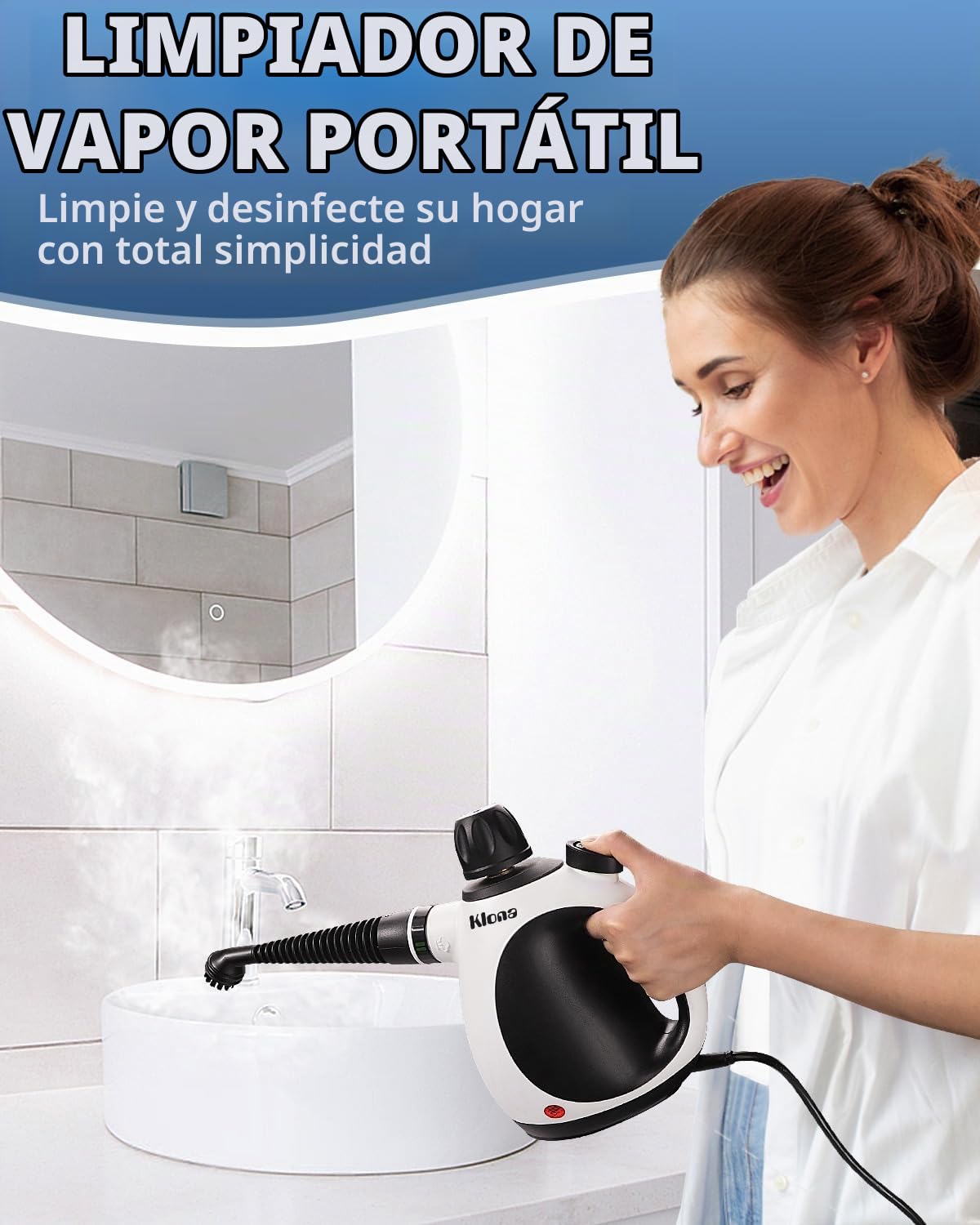 KLONA Limpiador a vapor hogar, portátil limpiador, con 10 accesorios | para alfombras, cortinas, sofás, cocina, baño y más | presión: 3,5 bar | potencia: 1050W | sin químicos