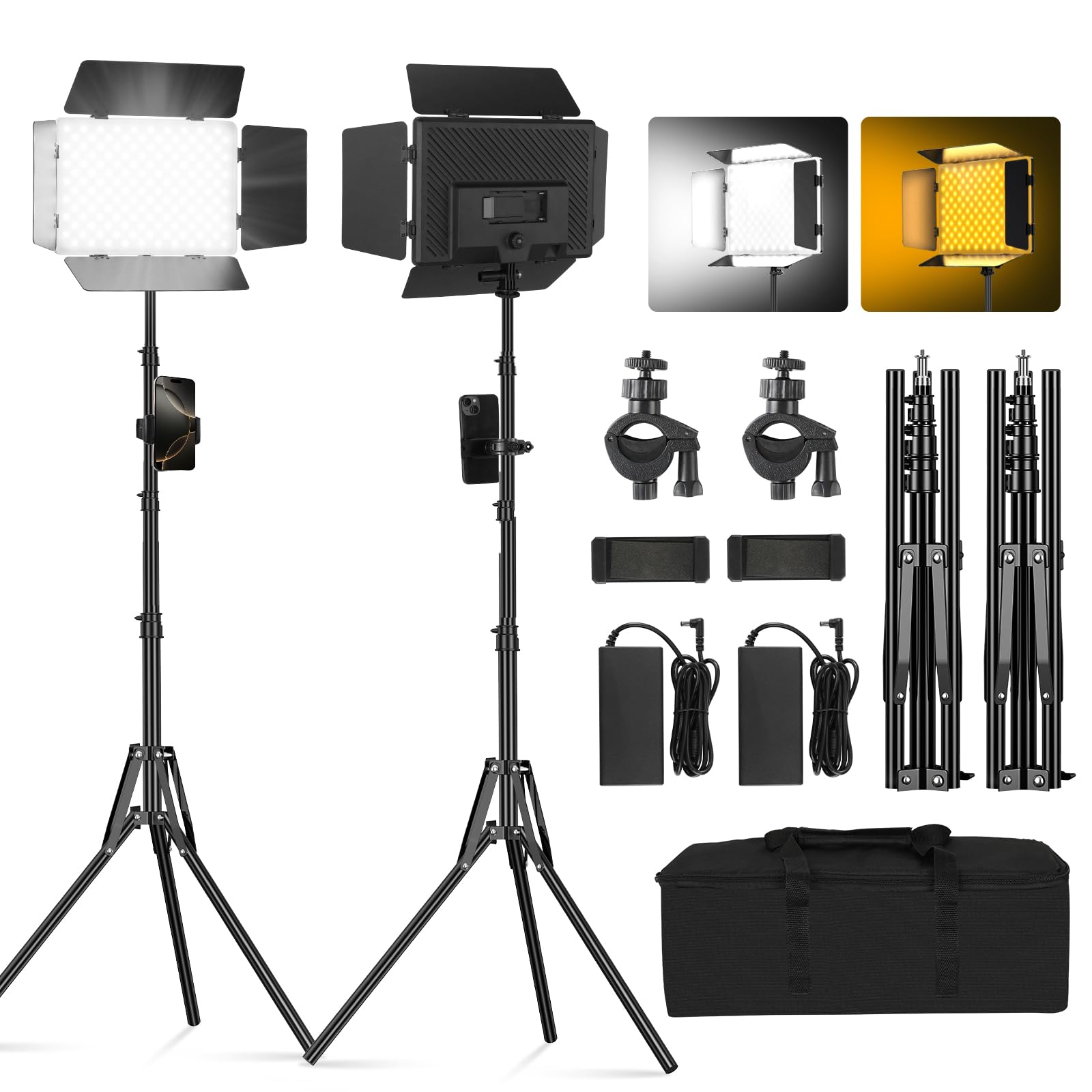 Soonpho 2-Pack Bi LED Video Licht Panel Set mit Scheunentor 2500-6500K Dimmbar 20W Light Fotografie Studio Beleuchtung mit Stativ Stand und Handy Halterung für Video YouTube Live Streaming