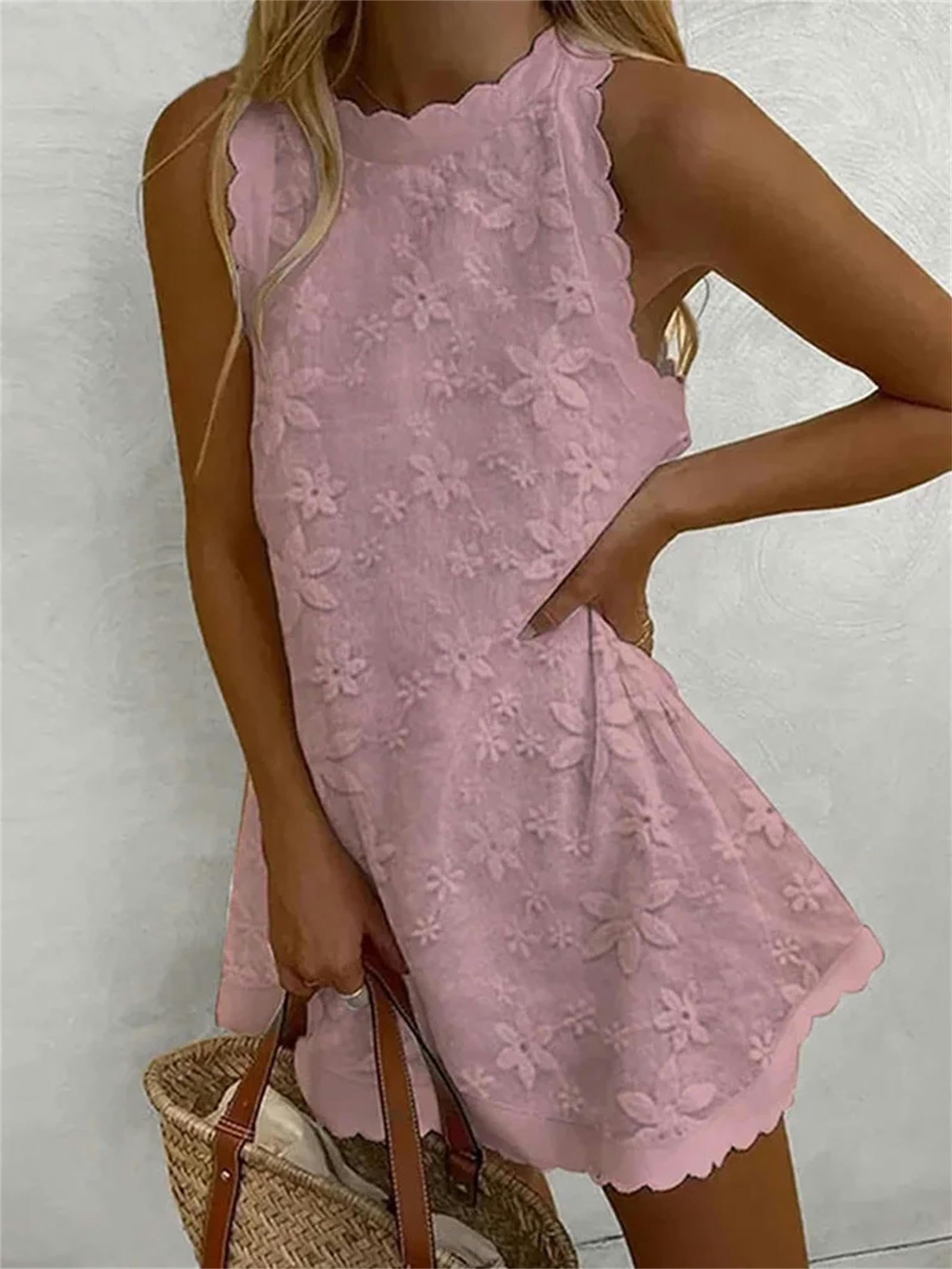 Vestido para Mujer Vestido Sin Mangas para Mujeres Elegante Cuello Redondo Y Suelto Elegante Mini Vestido De Encaje Vestido