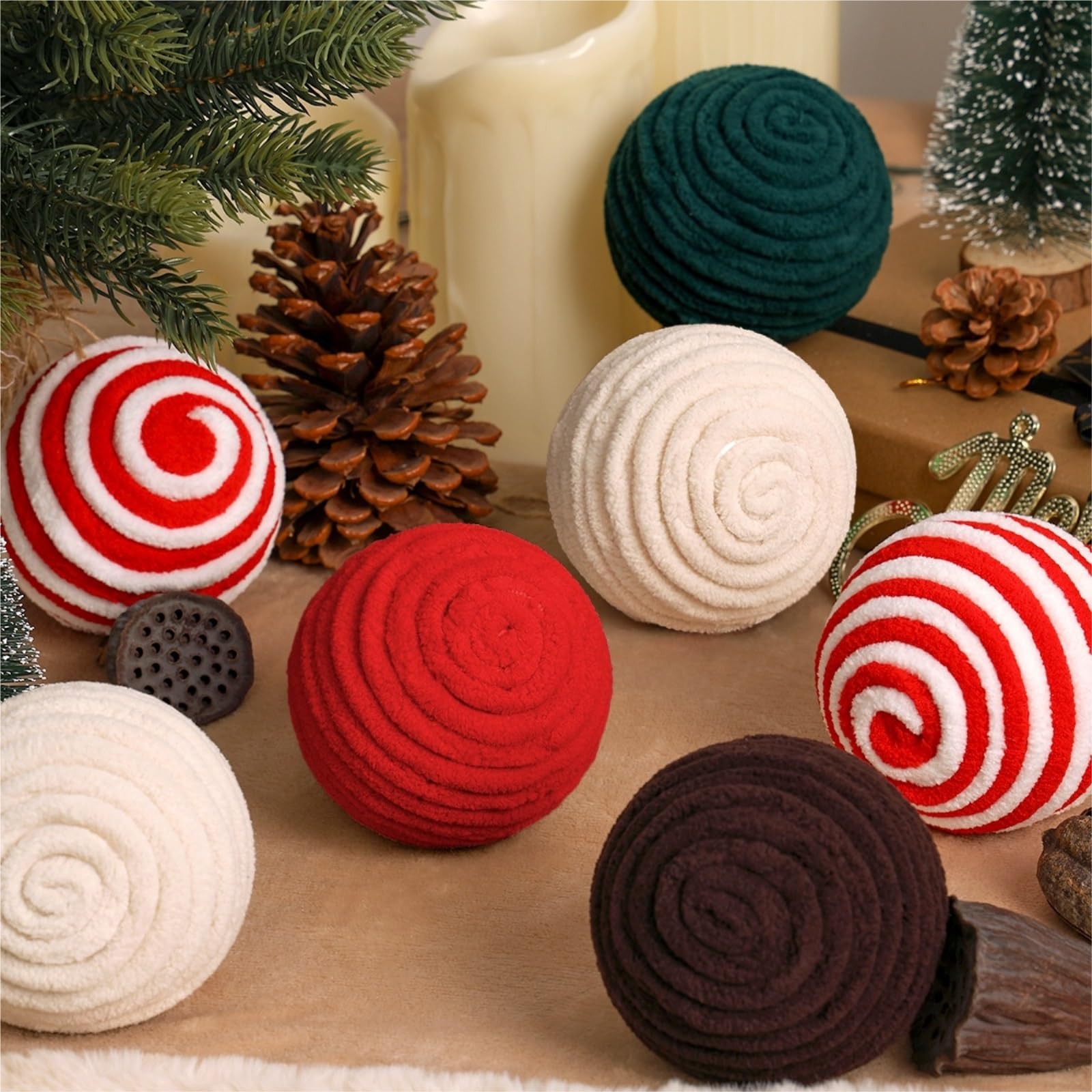 Weihnachtskugeln Weihnachtskugel-Dekorationen Aus Stoffen, Hängende Wohnornamente Weihnachtsdeko,Christbaumkugel(Rood,8cm)