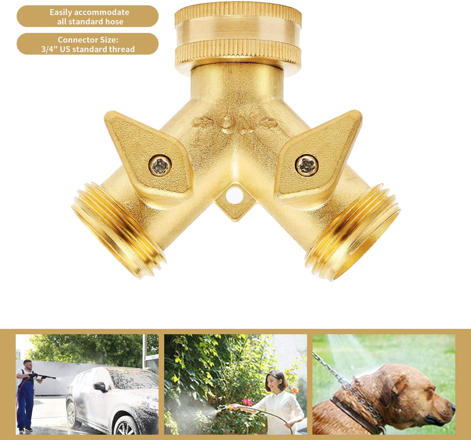 Garden Hose Splitter 2 Way - Heavy Duty Solid Brass Hose Y Splitter,Hose Faucet Splitter,3/4" Brass Hose Adapter Connectors Shut Off Valve, Hose Spigot Adapter 2 Valves, Plus 4 Extra Rubber Washers.